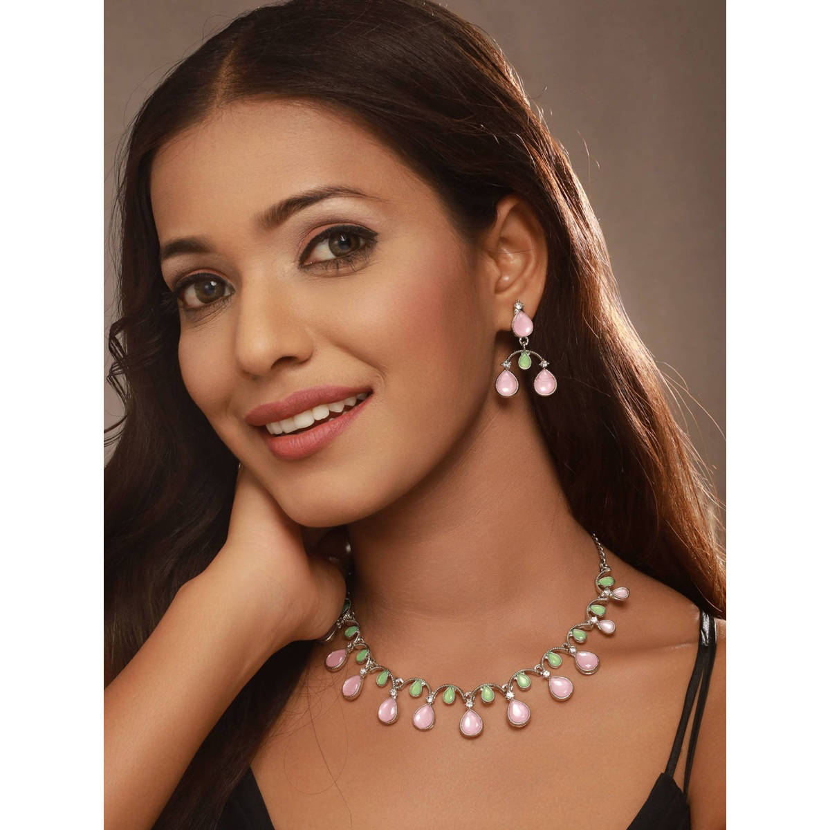 Aatmana Women Silver-Plated Green and Pink AD-Studded Jewellery Set
