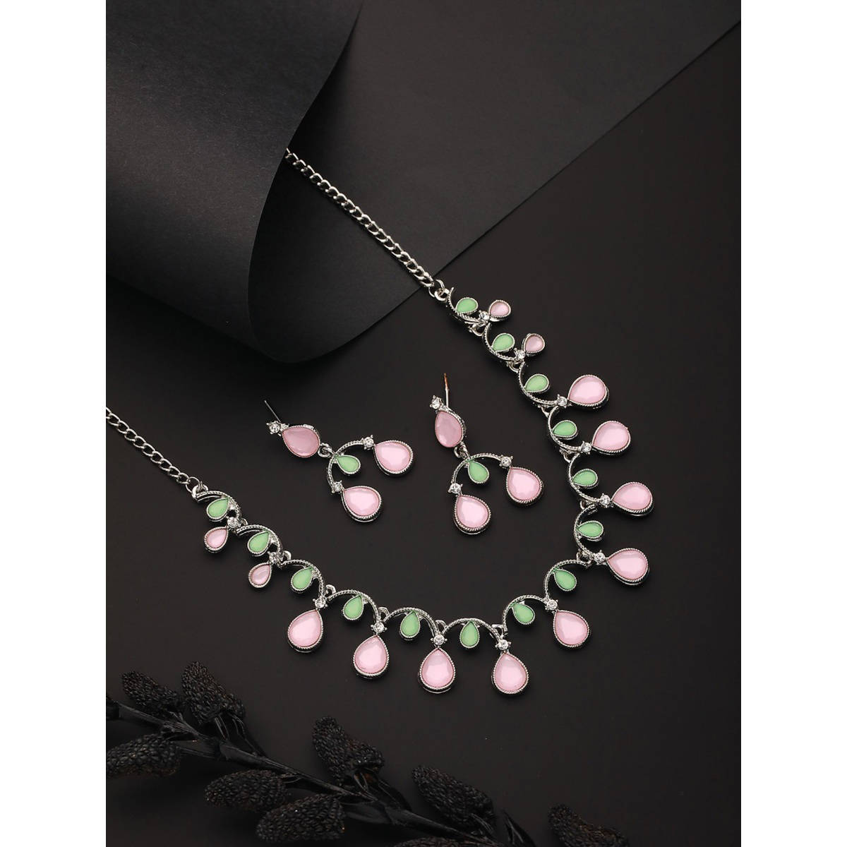 Aatmana Women Silver-Plated Green and Pink AD-Studded Jewellery Set