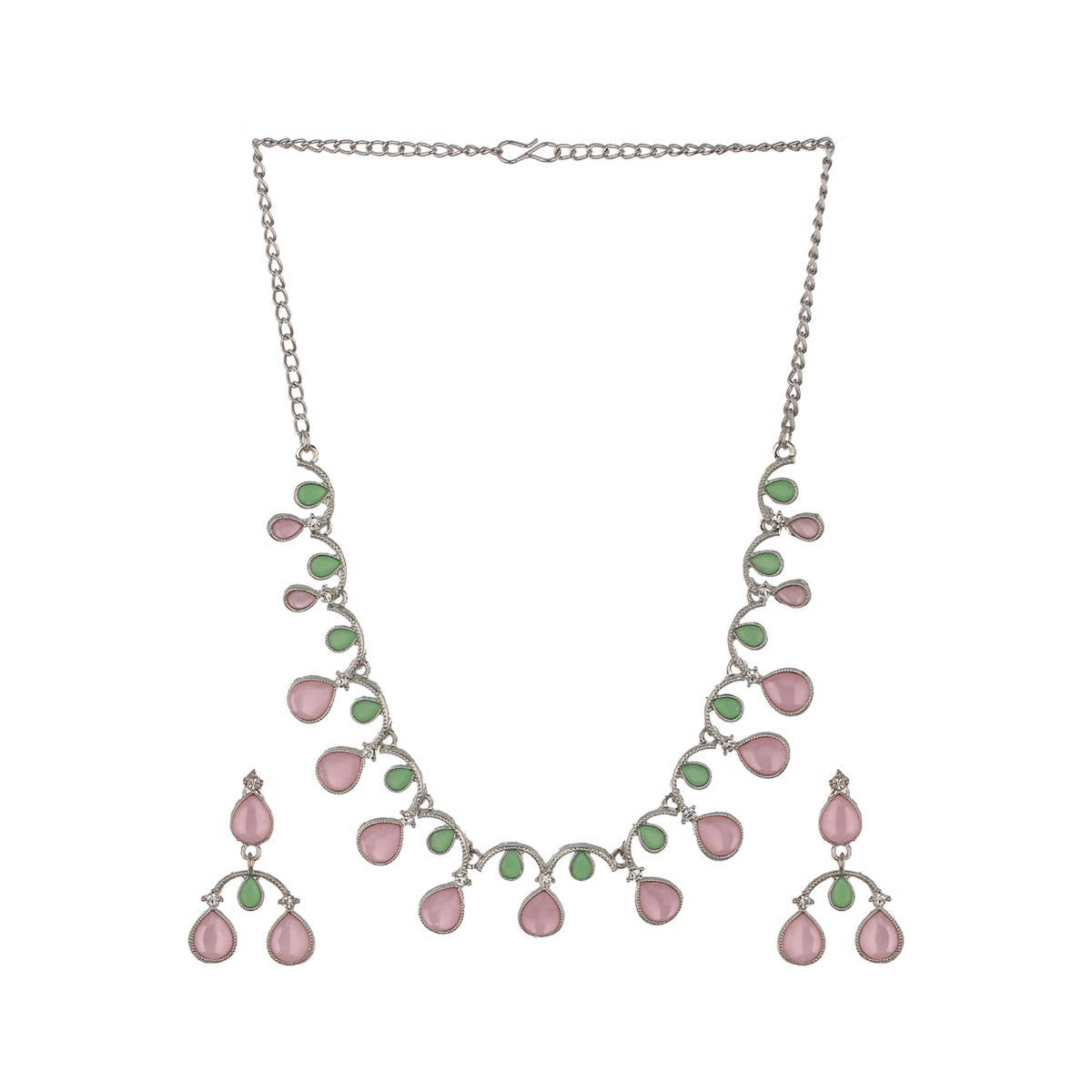 Aatmana Women Silver-Plated Green and Pink AD-Studded Jewellery Set