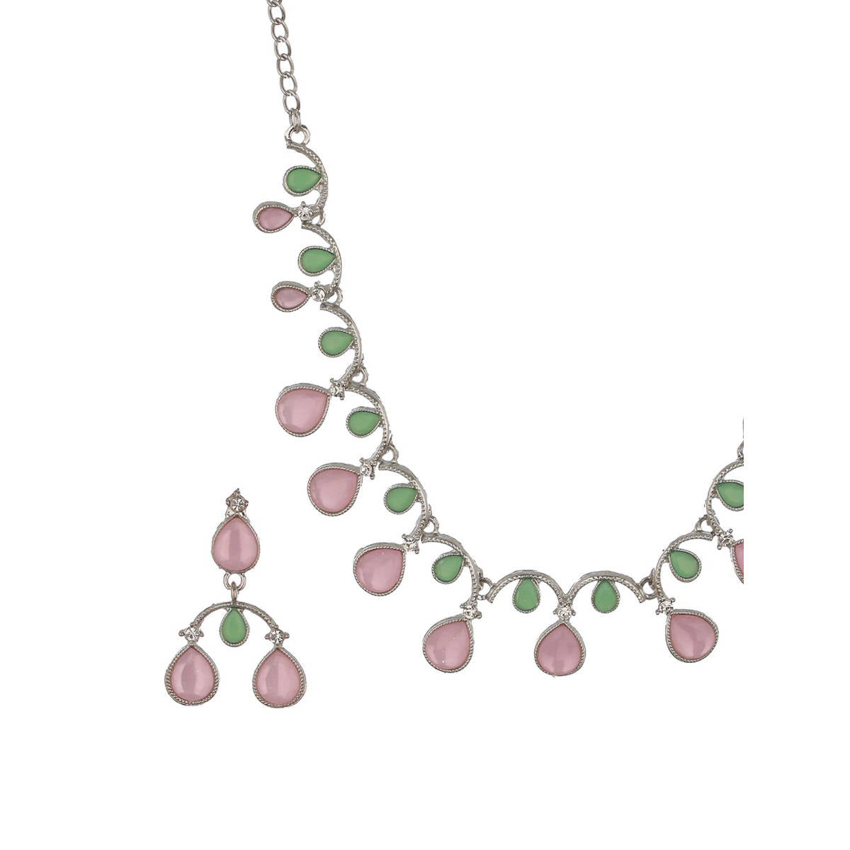 Aatmana Women Silver-Plated Green and Pink AD-Studded Jewellery Set