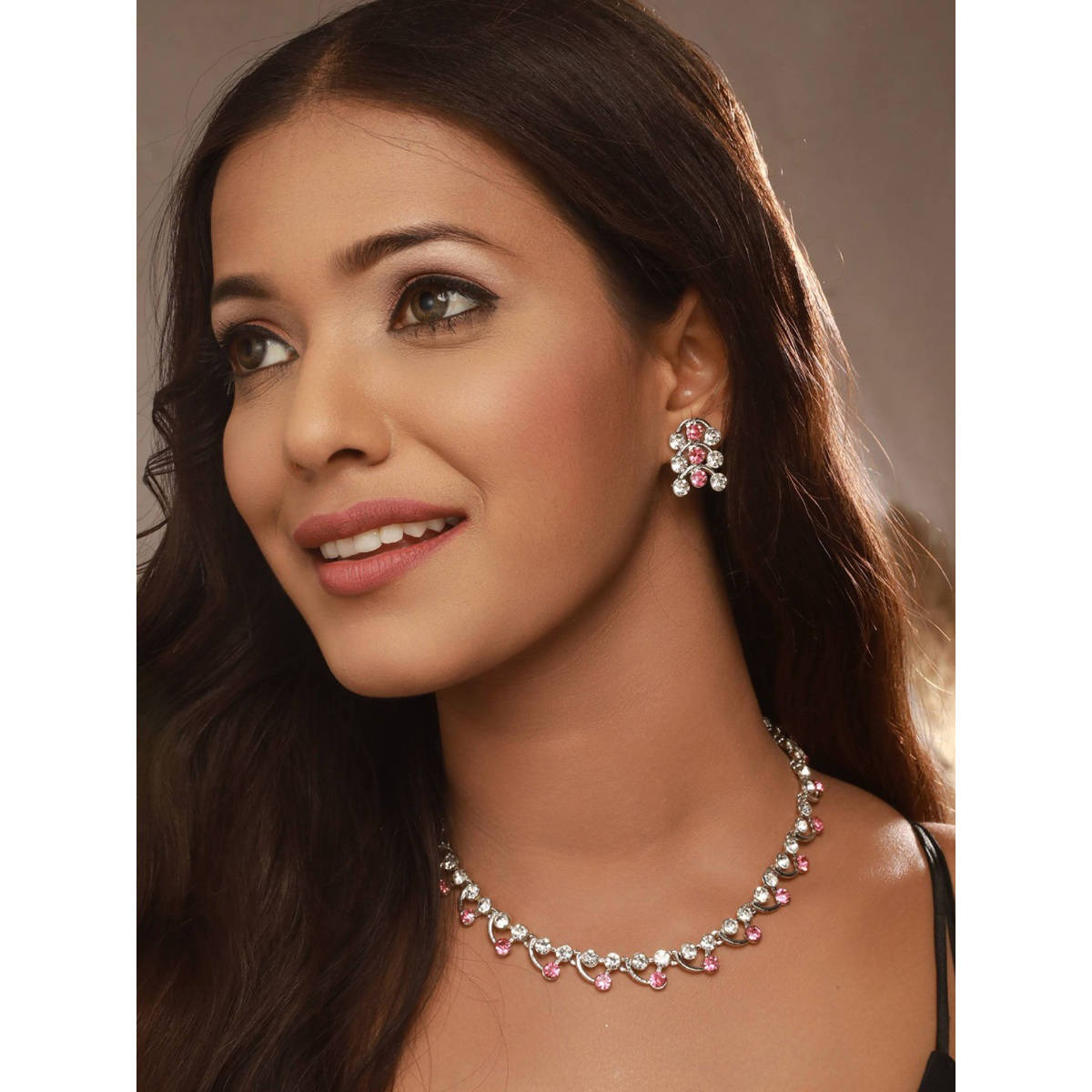 Aatmana Rhodium-Plated Silver-Toned Pink and White AD-Studded Jewellery Set · One Size