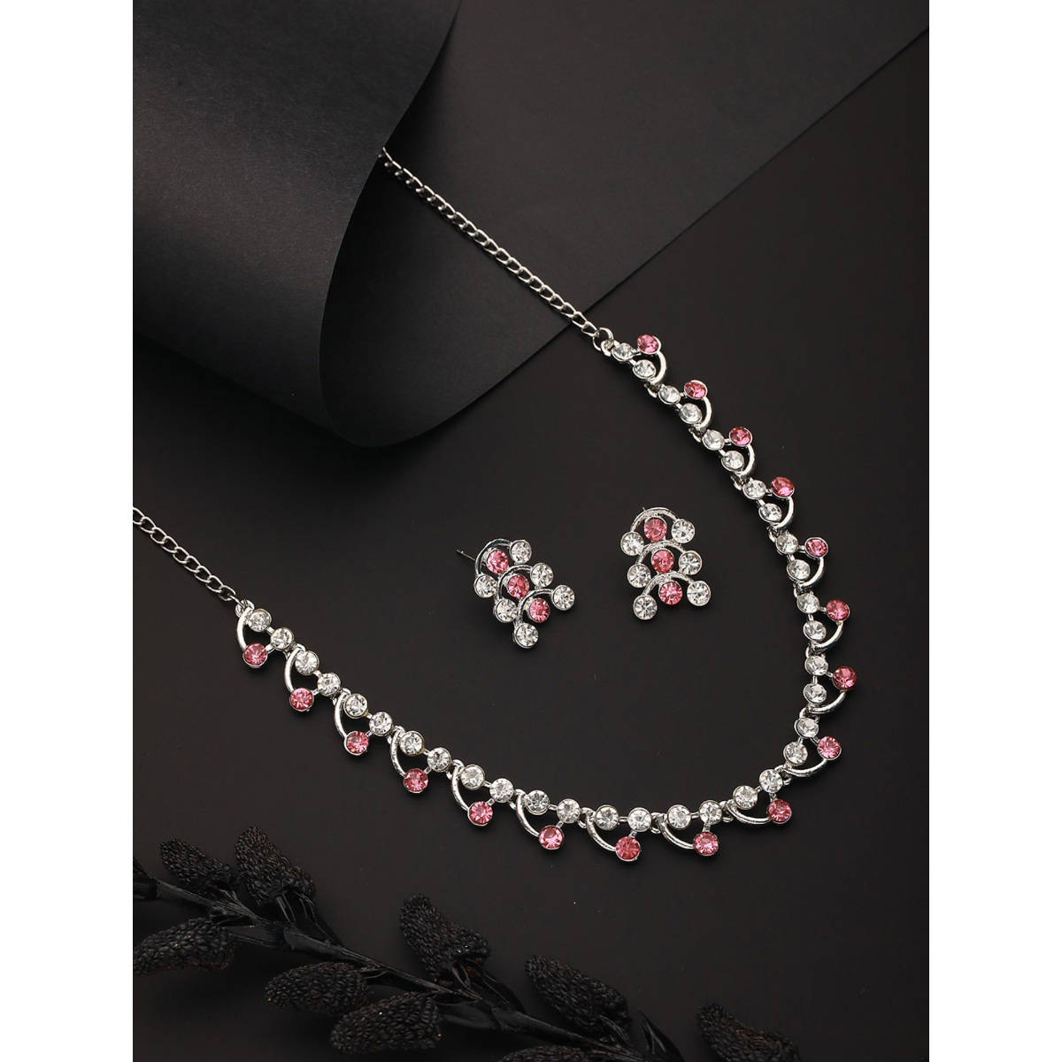 Aatmana Rhodium-Plated Silver-Toned Pink and White AD-Studded Jewellery Set