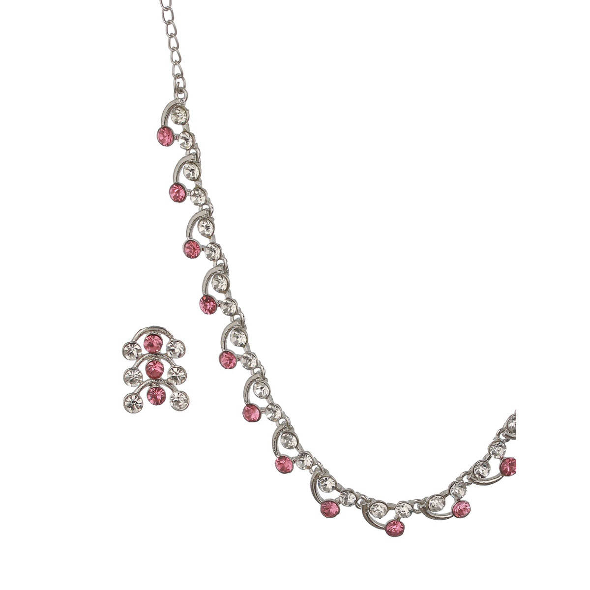 Aatmana Rhodium-Plated Silver-Toned Pink and White AD-Studded Jewellery Set