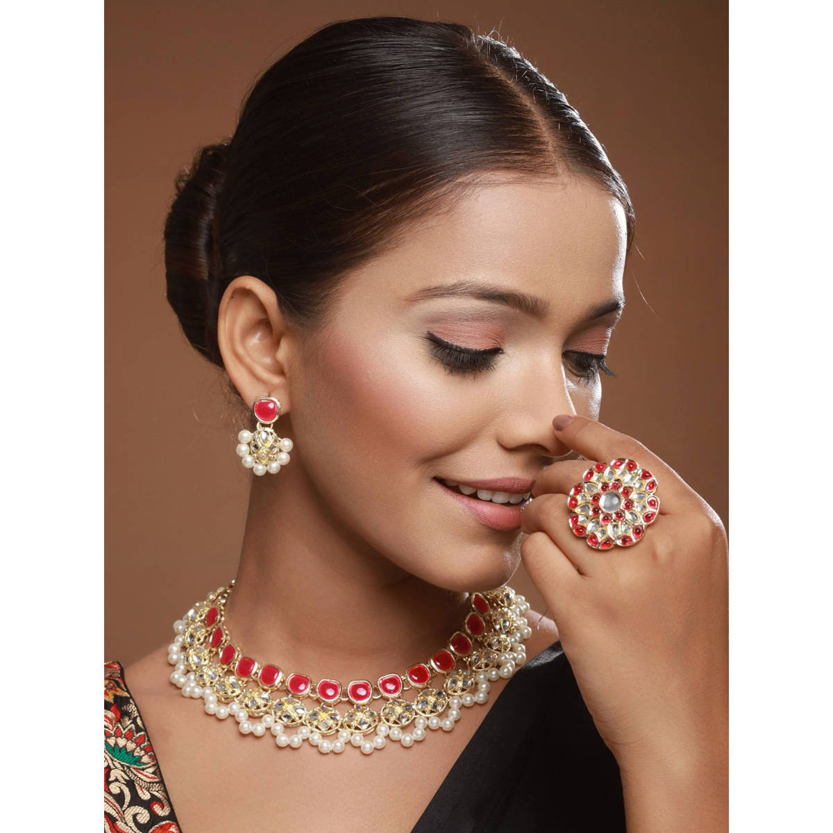 Aatmana Gold-Plated Red and White Kundan-Studded and Beaded Traditional Jewellery Set