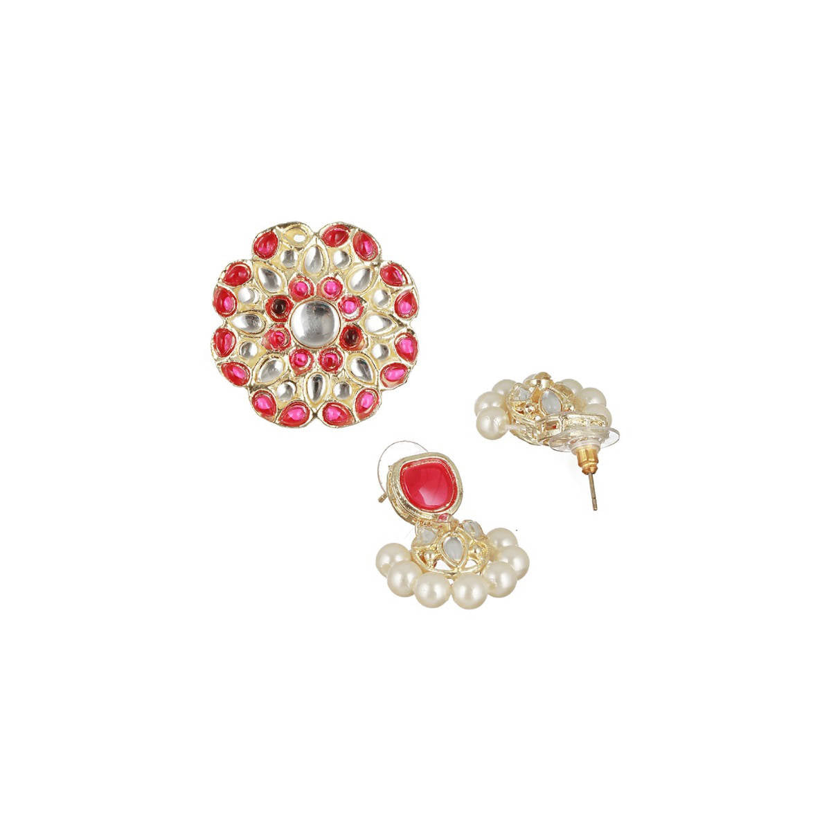Aatmana Gold-Plated Red and White Kundan-Studded and Beaded Traditional Jewellery Set