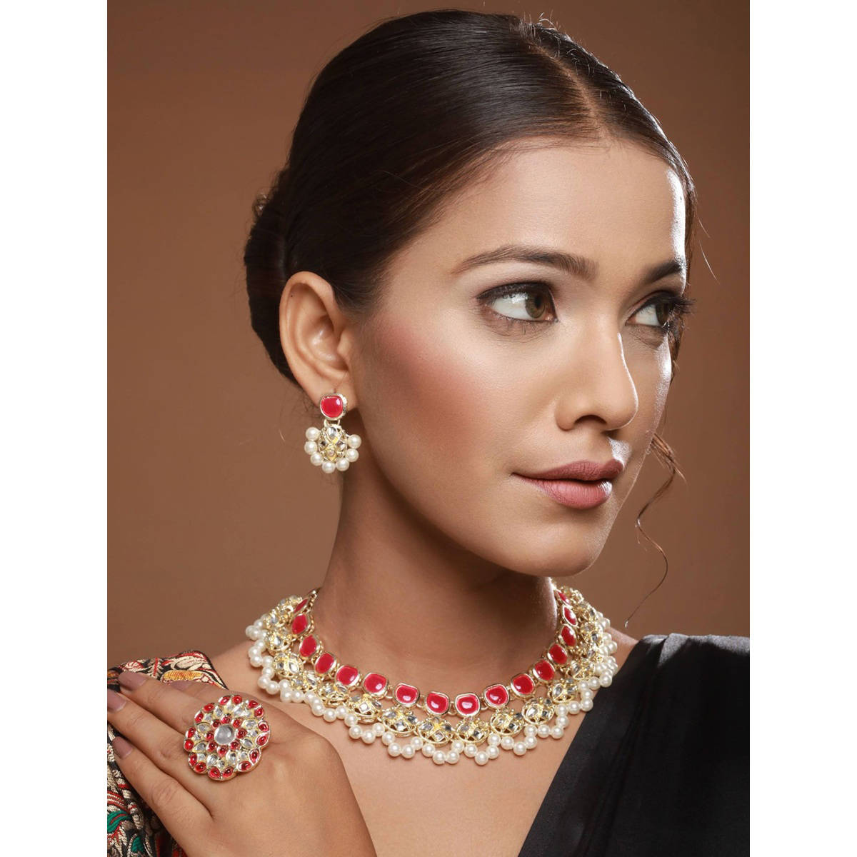 Aatmana Gold-Plated Red and White Kundan-Studded and Beaded Traditional Jewellery Set