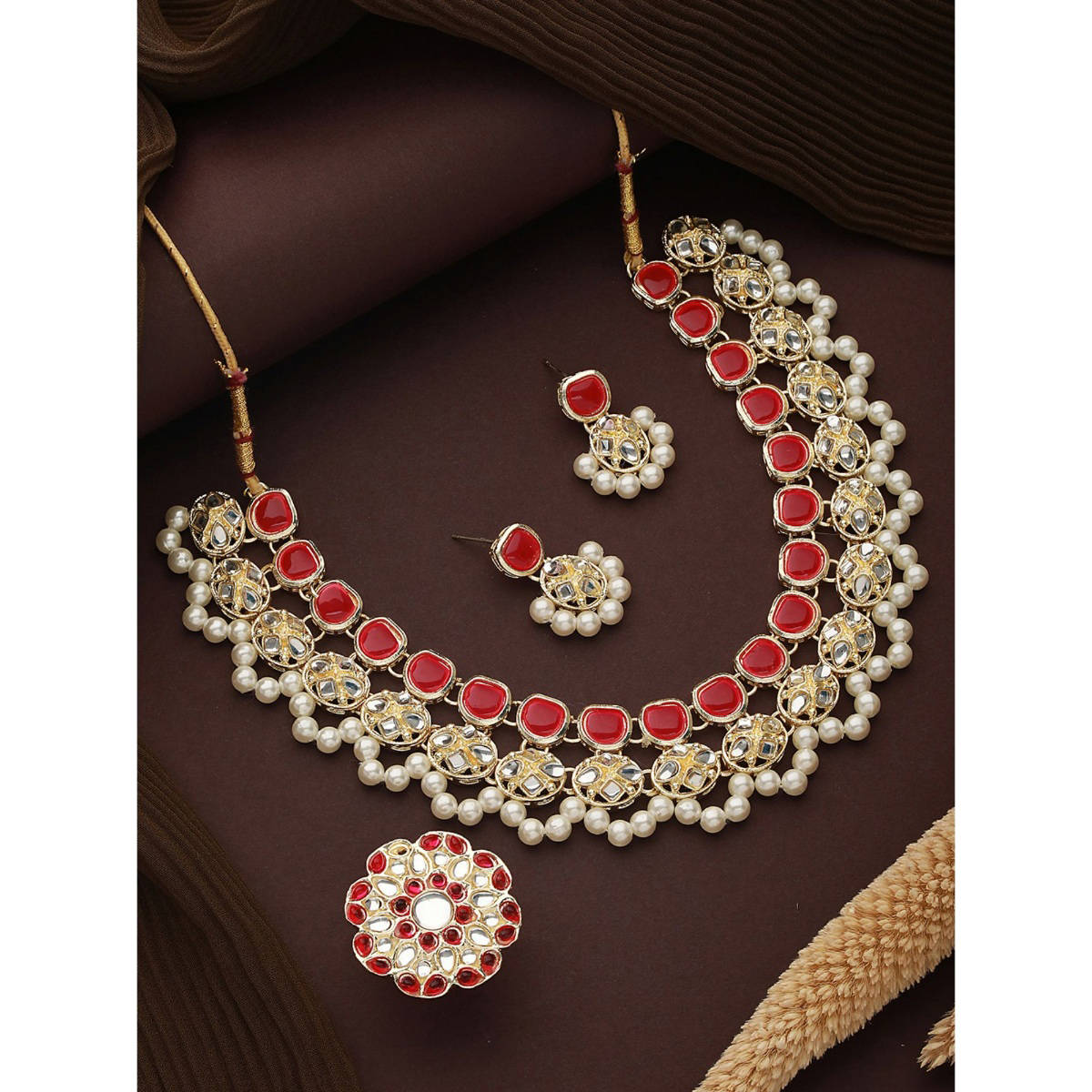 Aatmana Gold-Plated Red and White Kundan-Studded and Beaded Traditional Jewellery Set