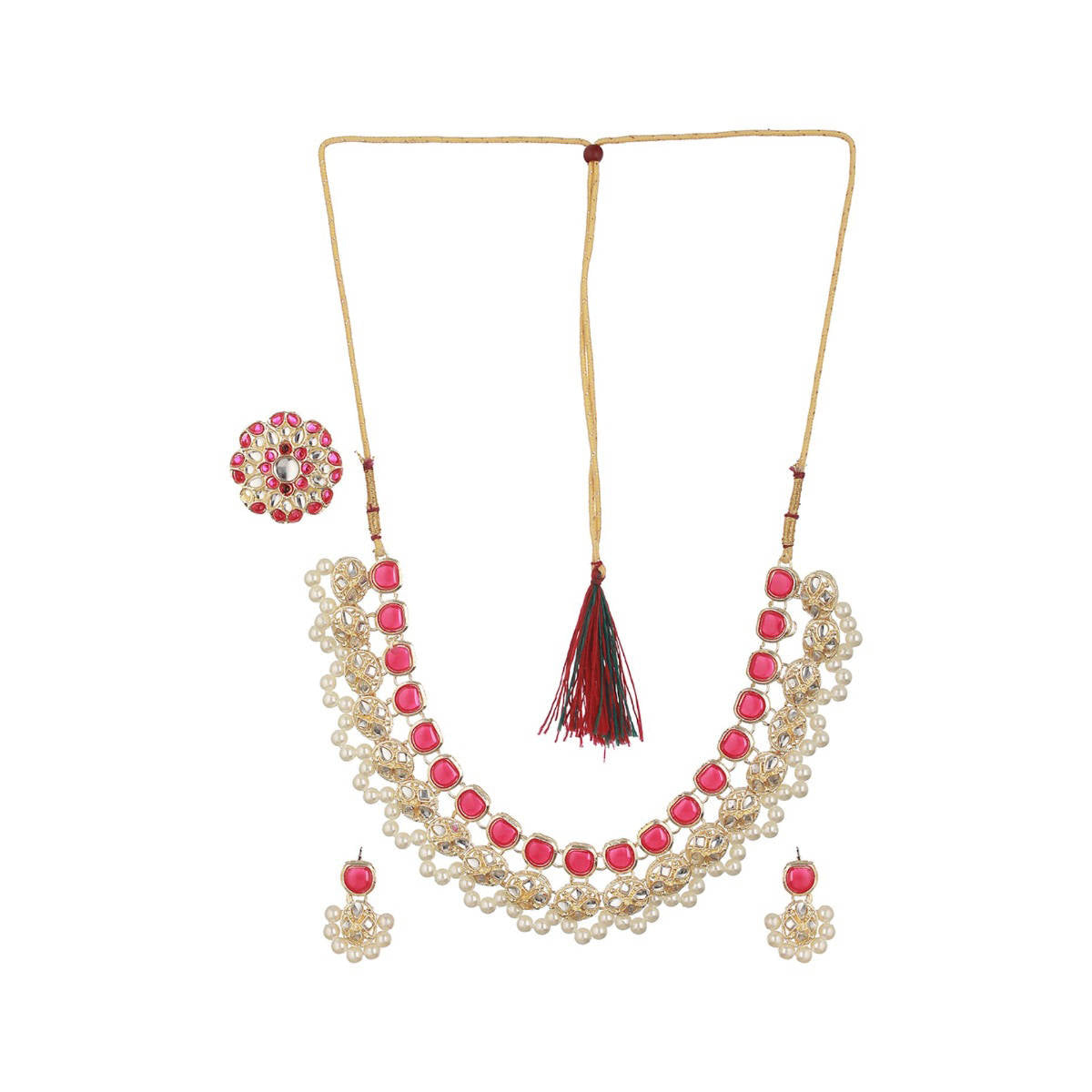 Aatmana Gold-Plated Red and White Kundan-Studded and Beaded Traditional Jewellery Set