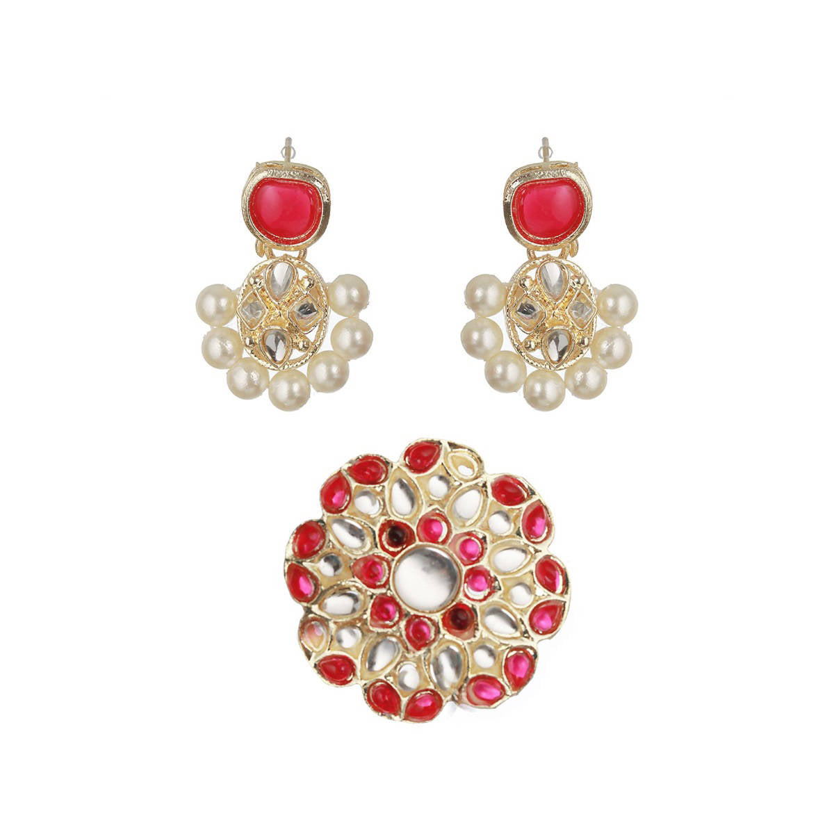 Aatmana Gold-Plated Red and White Kundan-Studded and Beaded Traditional Jewellery Set
