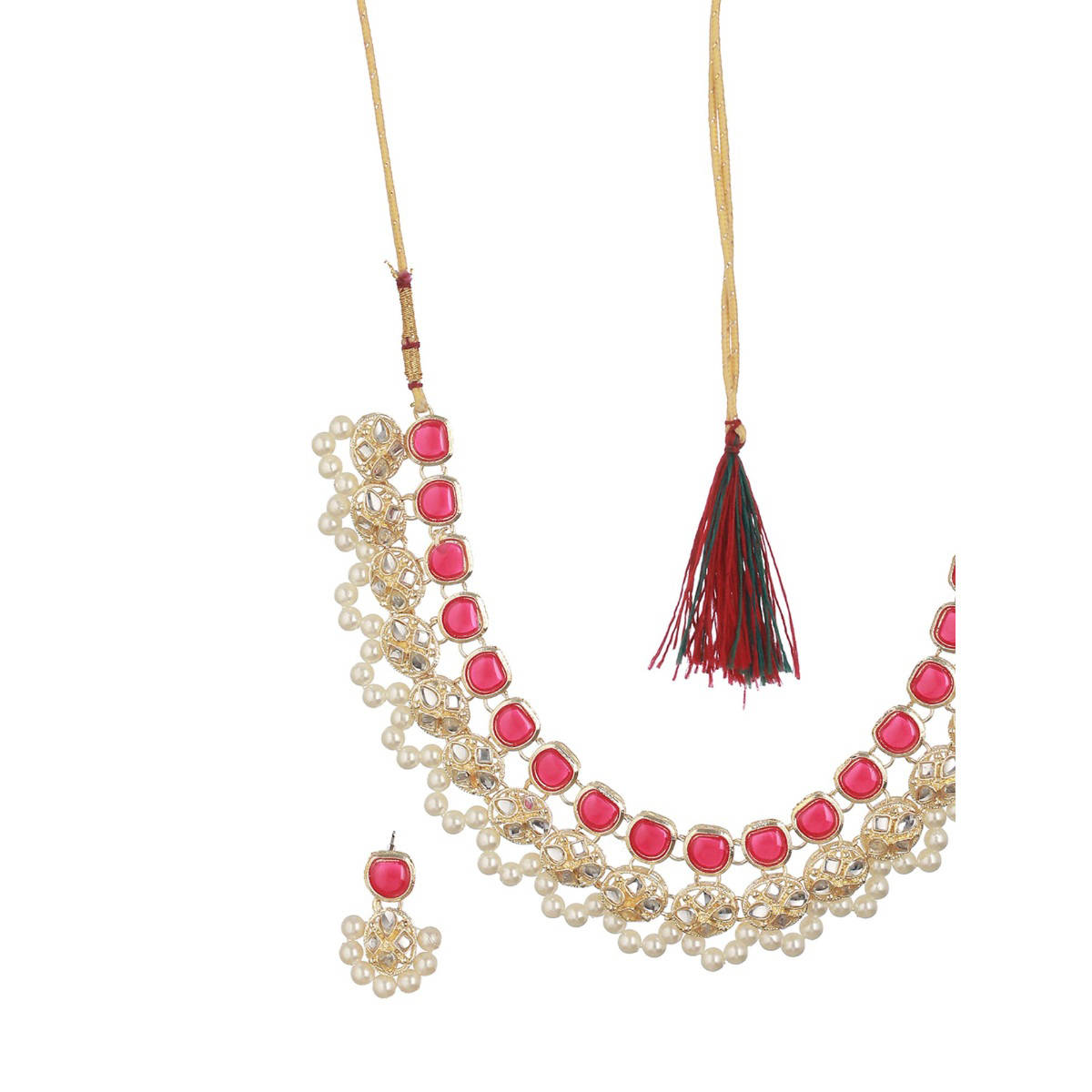 Aatmana Gold-Plated Red and White Kundan-Studded and Beaded Traditional Jewellery Set