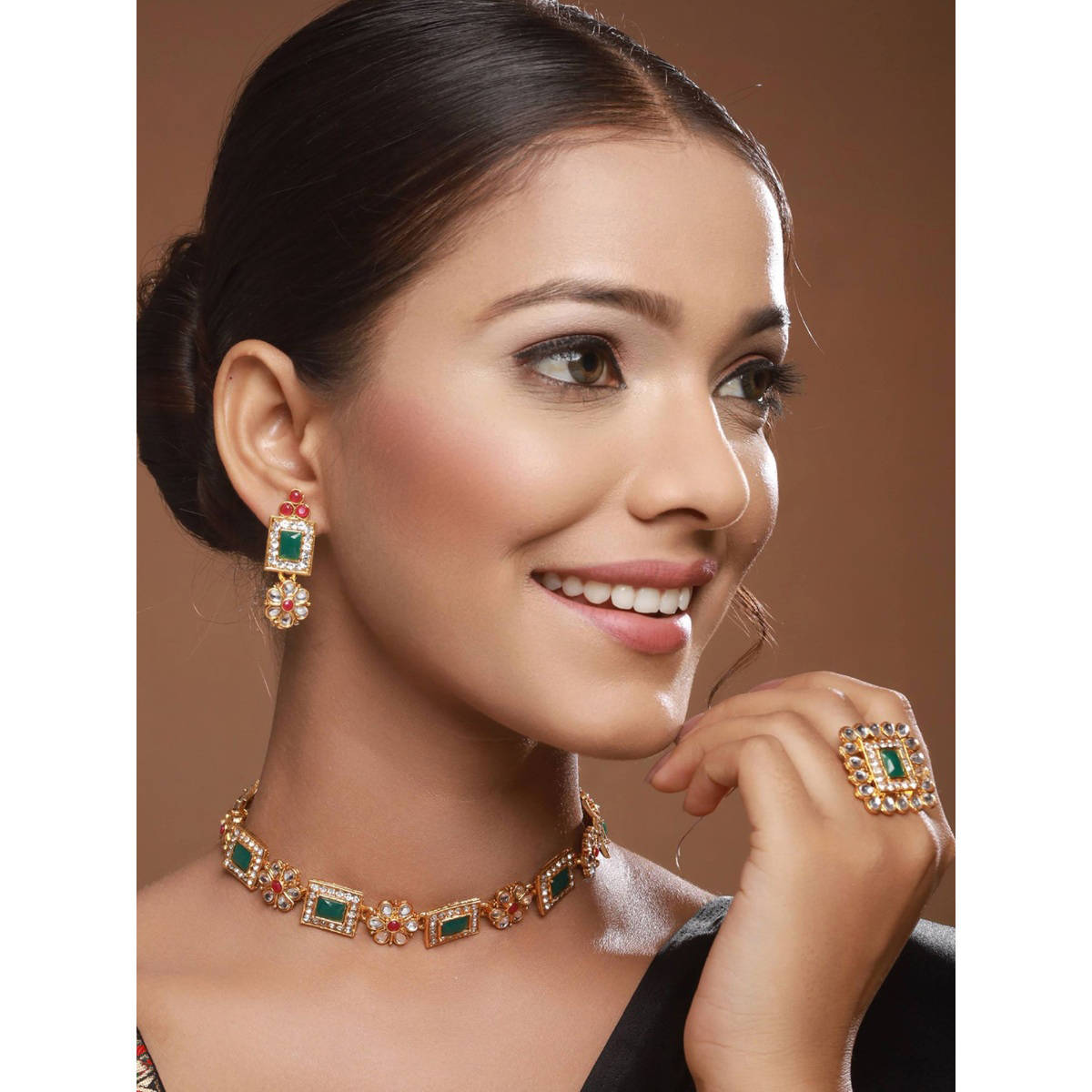 Aatmana Gold-Plated Green and Pink Kundan-Studded Temple Jewellery Set