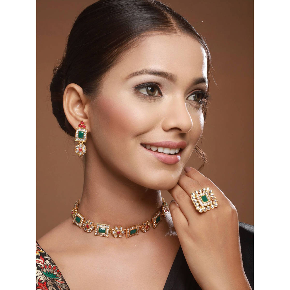 Aatmana Gold-Plated Green and Pink Kundan-Studded Temple Jewellery Set