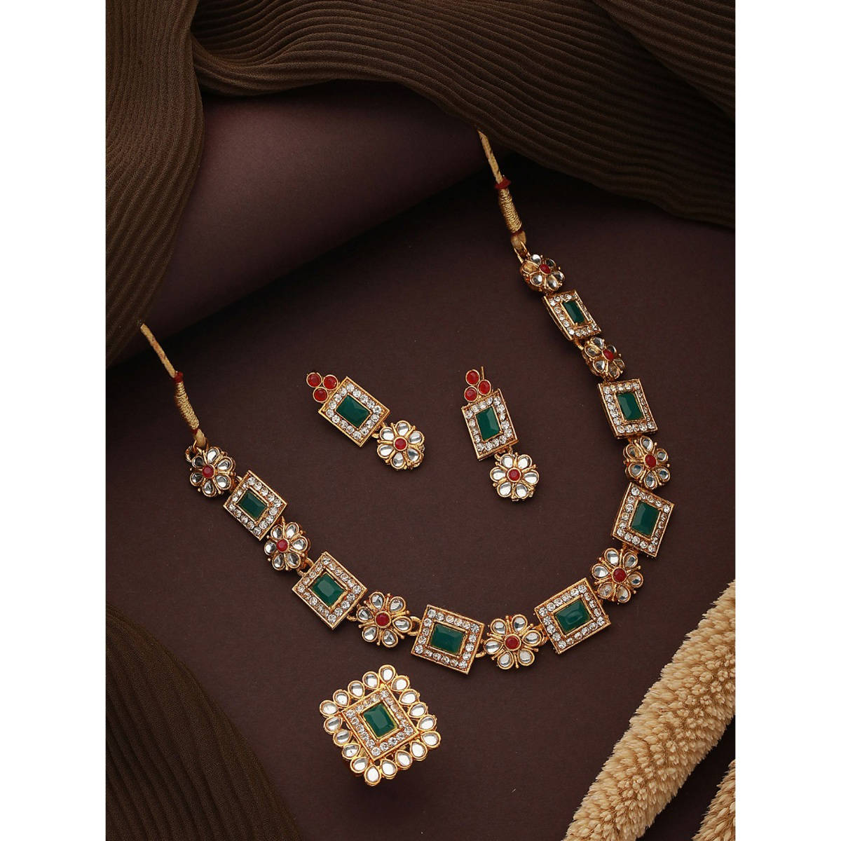 Aatmana Gold-Plated Green and Pink Kundan-Studded Temple Jewellery Set