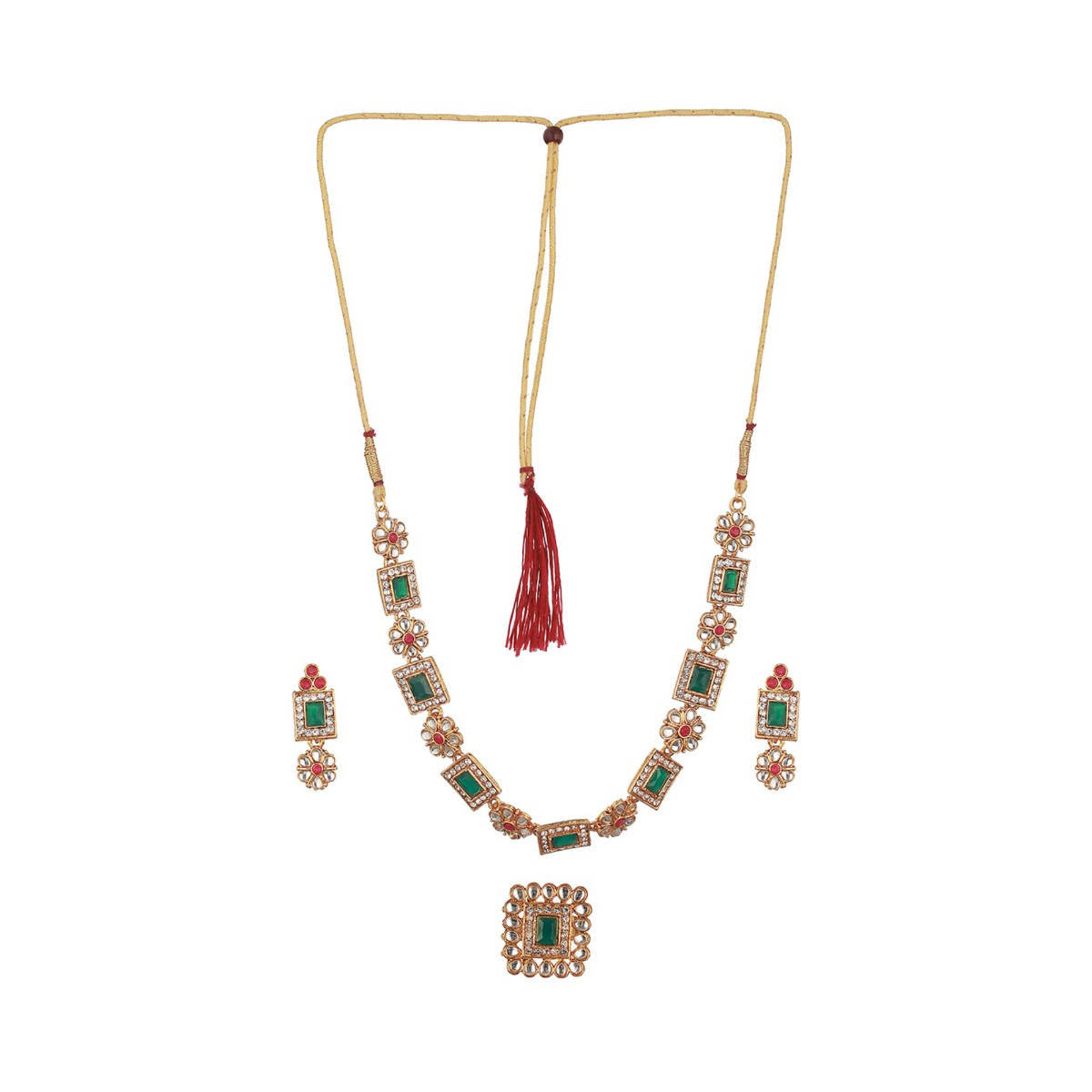 Aatmana Gold-Plated Green and Pink Kundan-Studded Temple Jewellery Set