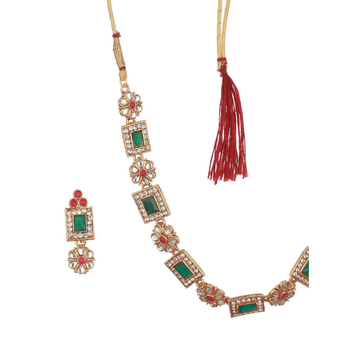 Aatmana Gold-Plated Green and Pink Kundan-Studded Temple Jewellery Set