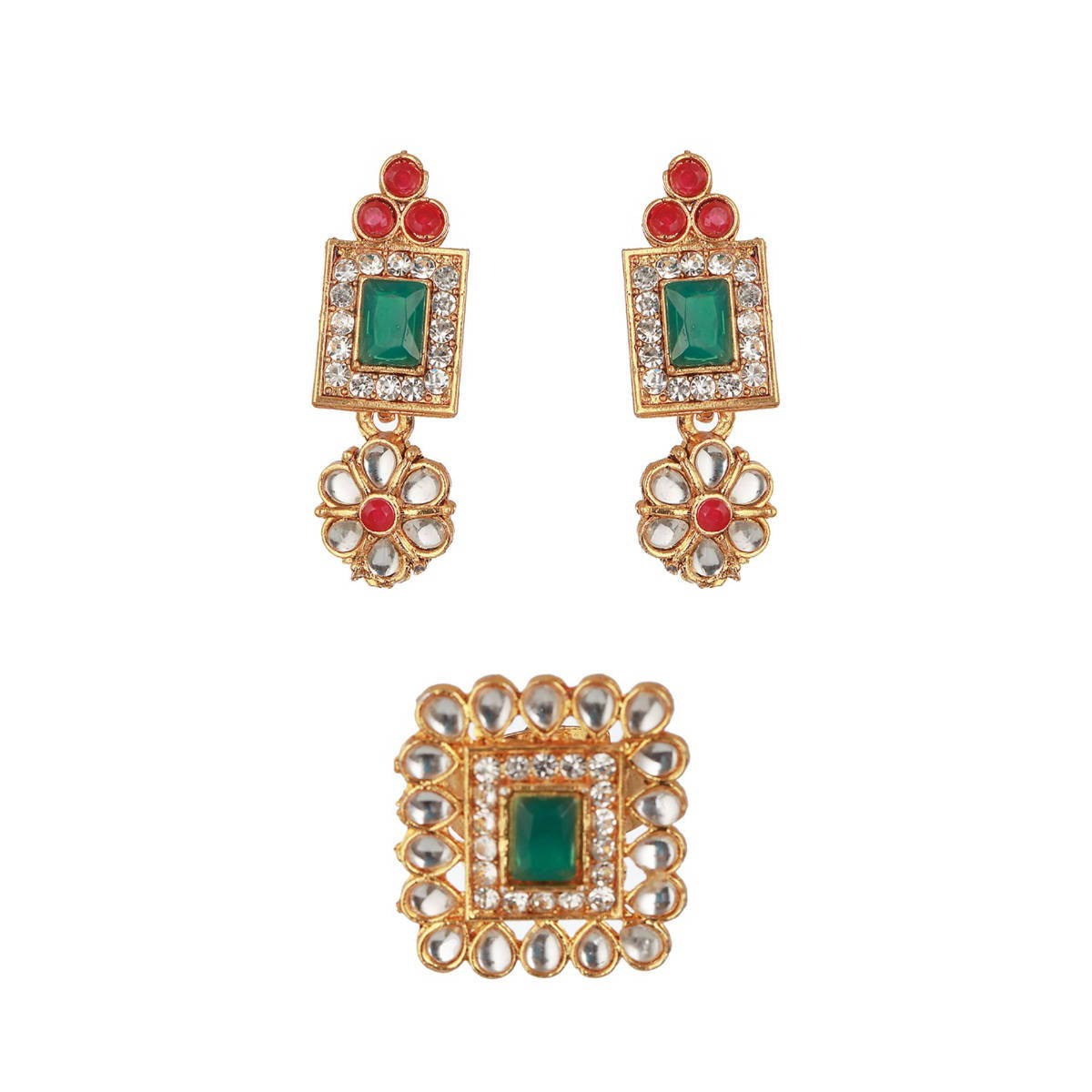 Aatmana Gold-Plated Green and Pink Kundan-Studded Temple Jewellery Set