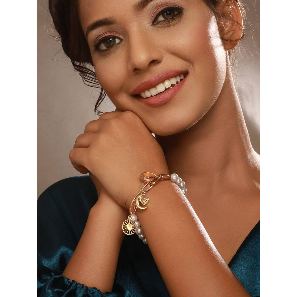 Aatmana Gold-Toned Sea Shell Heart Moon and Pearls Hanging Charm Bracelet · One Size