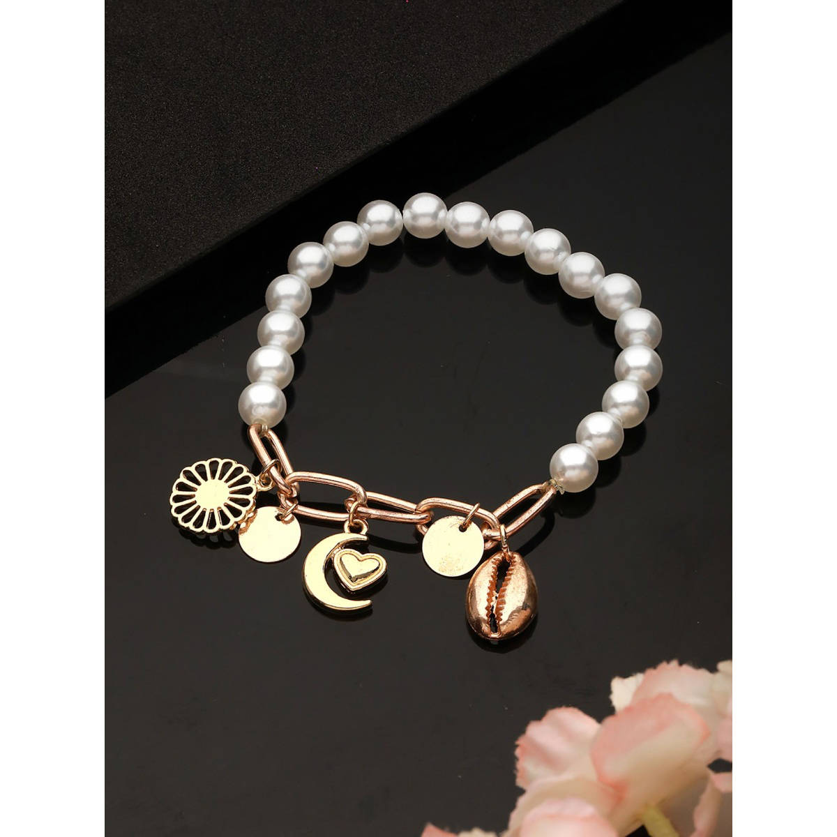 Aatmana Gold-Toned Sea Shell Heart Moon and Pearls Hanging Charm Bracelet