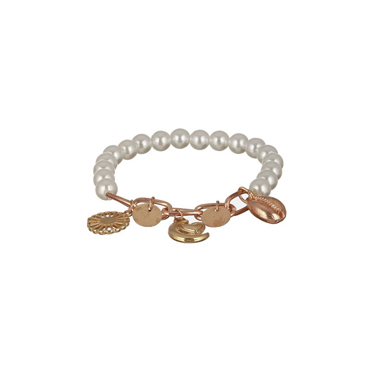 Aatmana Gold-Toned Sea Shell Heart Moon and Pearls Hanging Charm Bracelet