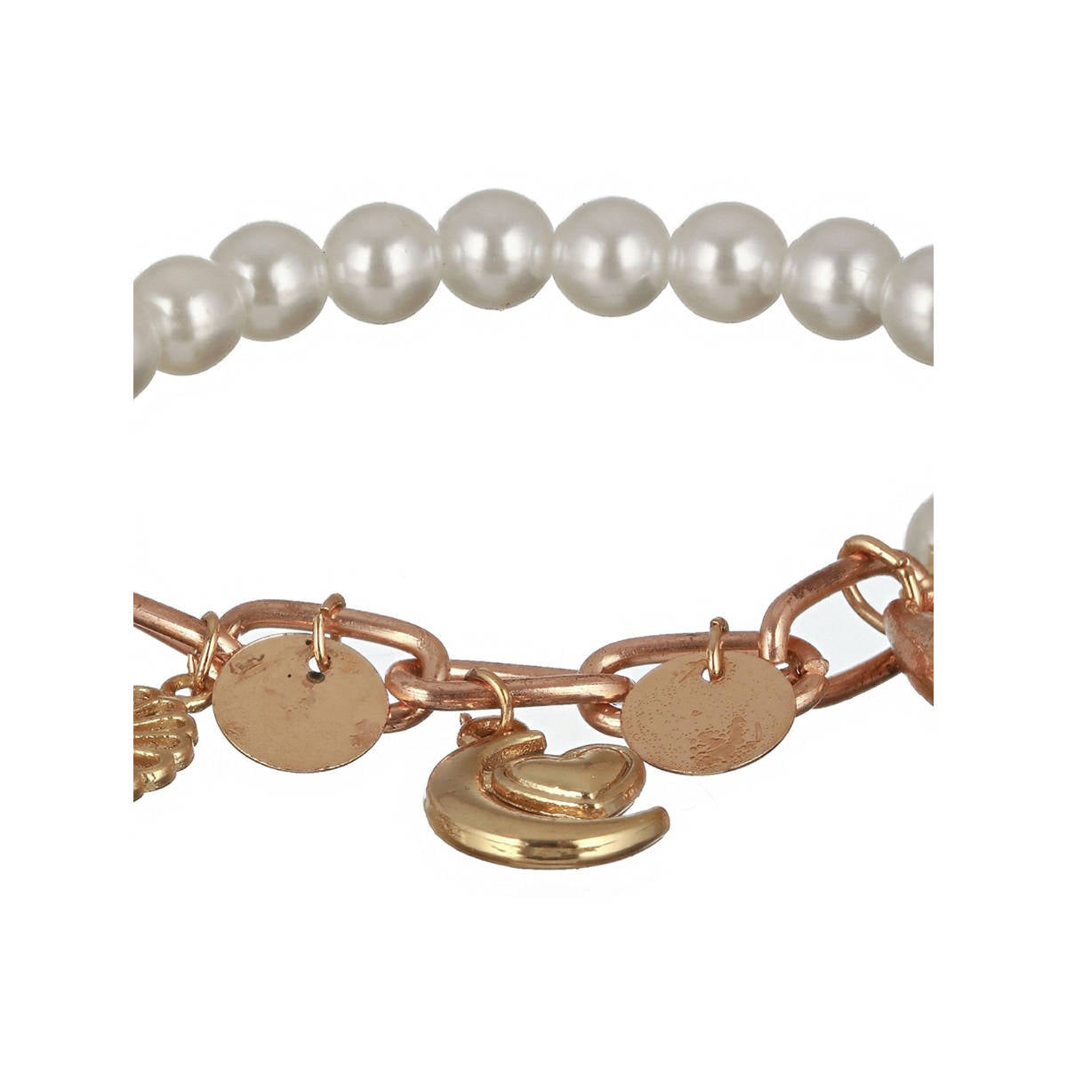 Aatmana Gold-Toned Sea Shell Heart Moon and Pearls Hanging Charm Bracelet