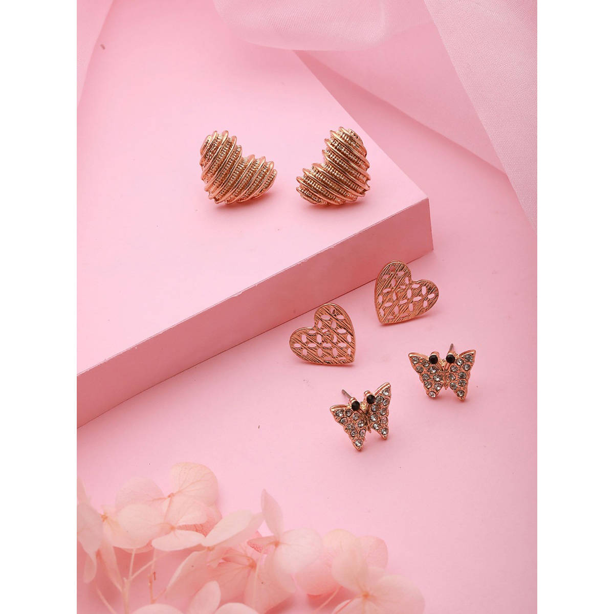 Aatmana Set of 3 Gold-Plated Heart Shaped Stud Earrings · One Size