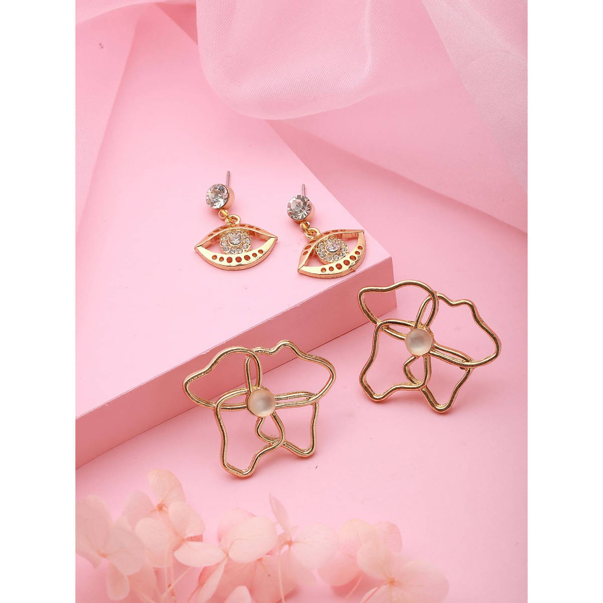 Aatmana Set of 2 Gold Plated Evil Eye and Floral Drop Earrings