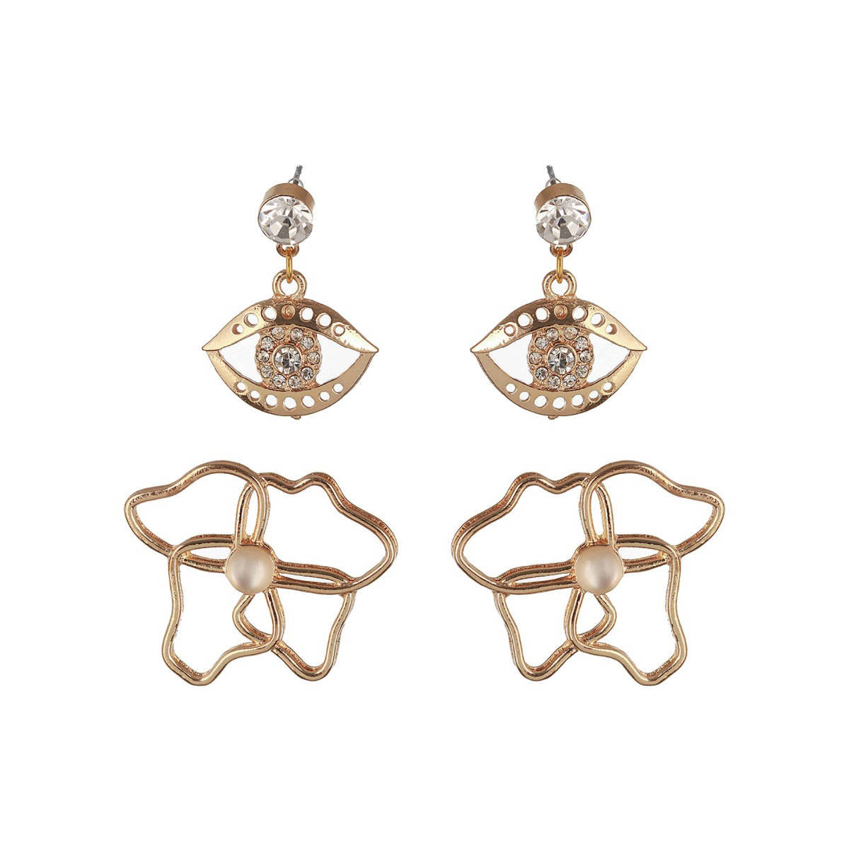 Aatmana Set of 2 Gold Plated Evil Eye and Floral Drop Earrings