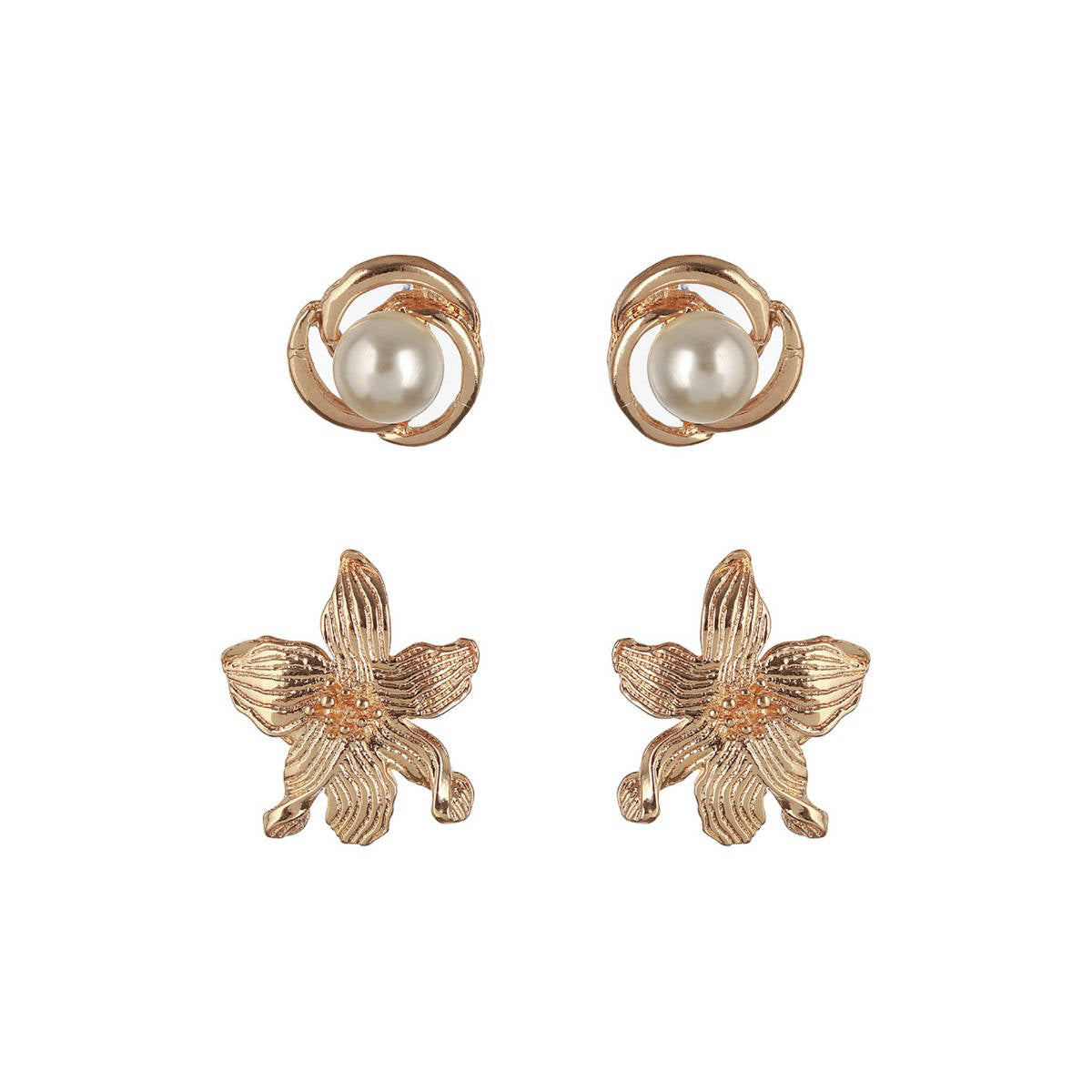 Aatmana Set of 2 Gold Plated and Pearl Floral Stud Earrings