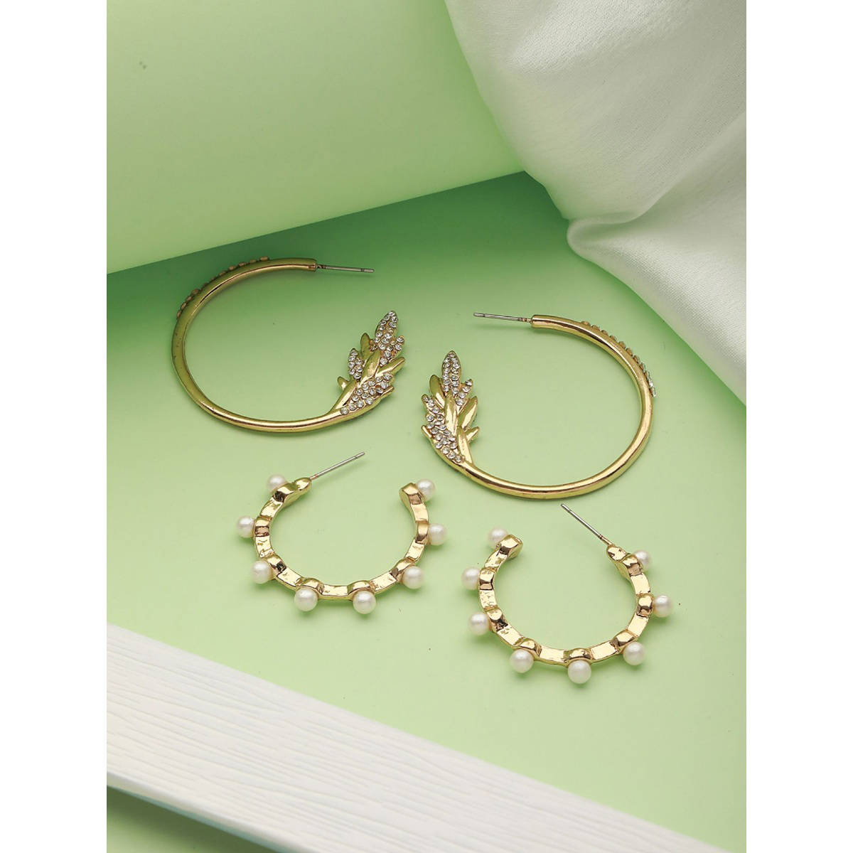 Aatmana Set of 2 CZ and Pearl Studded Gold-Toned Half Hoop Earrings