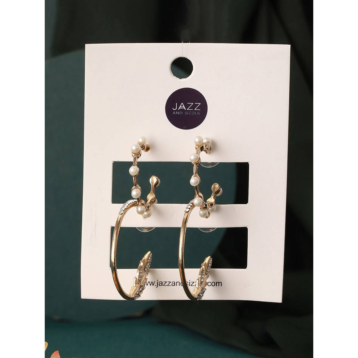 Aatmana Set of 2 CZ and Pearl Studded Gold-Toned Half Hoop Earrings · One Size