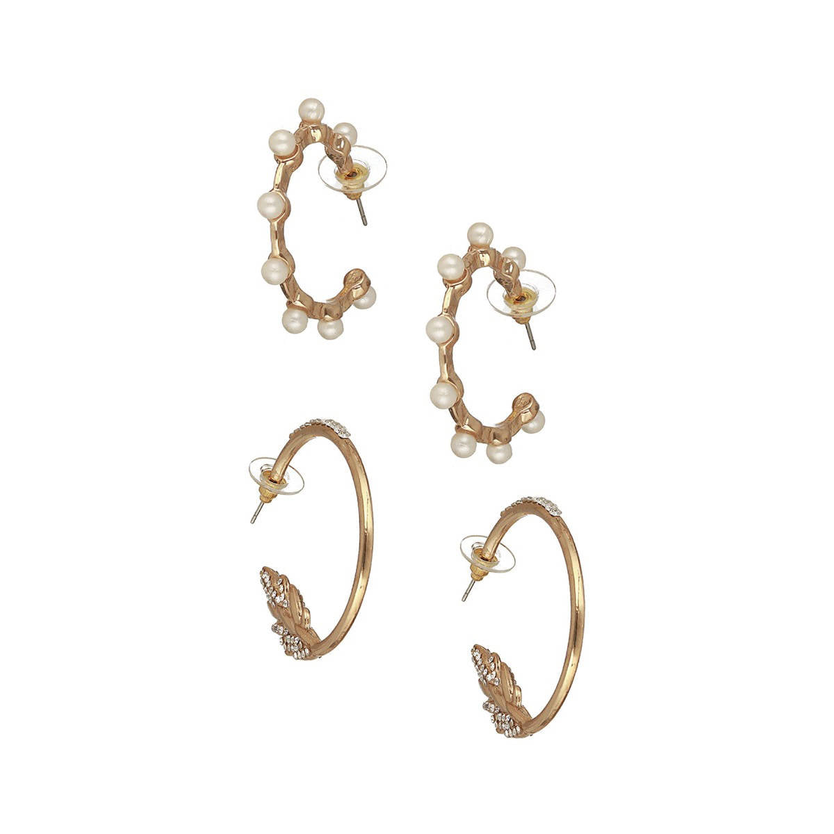 Aatmana Set of 2 CZ and Pearl Studded Gold-Toned Half Hoop Earrings