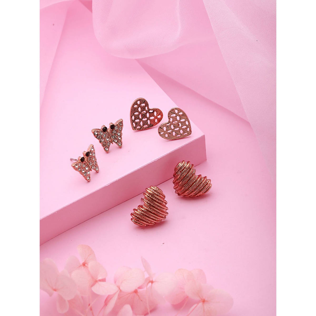 Aatmana Set of 3 Rosegold-Plated Heart Shaped Stud Earrings