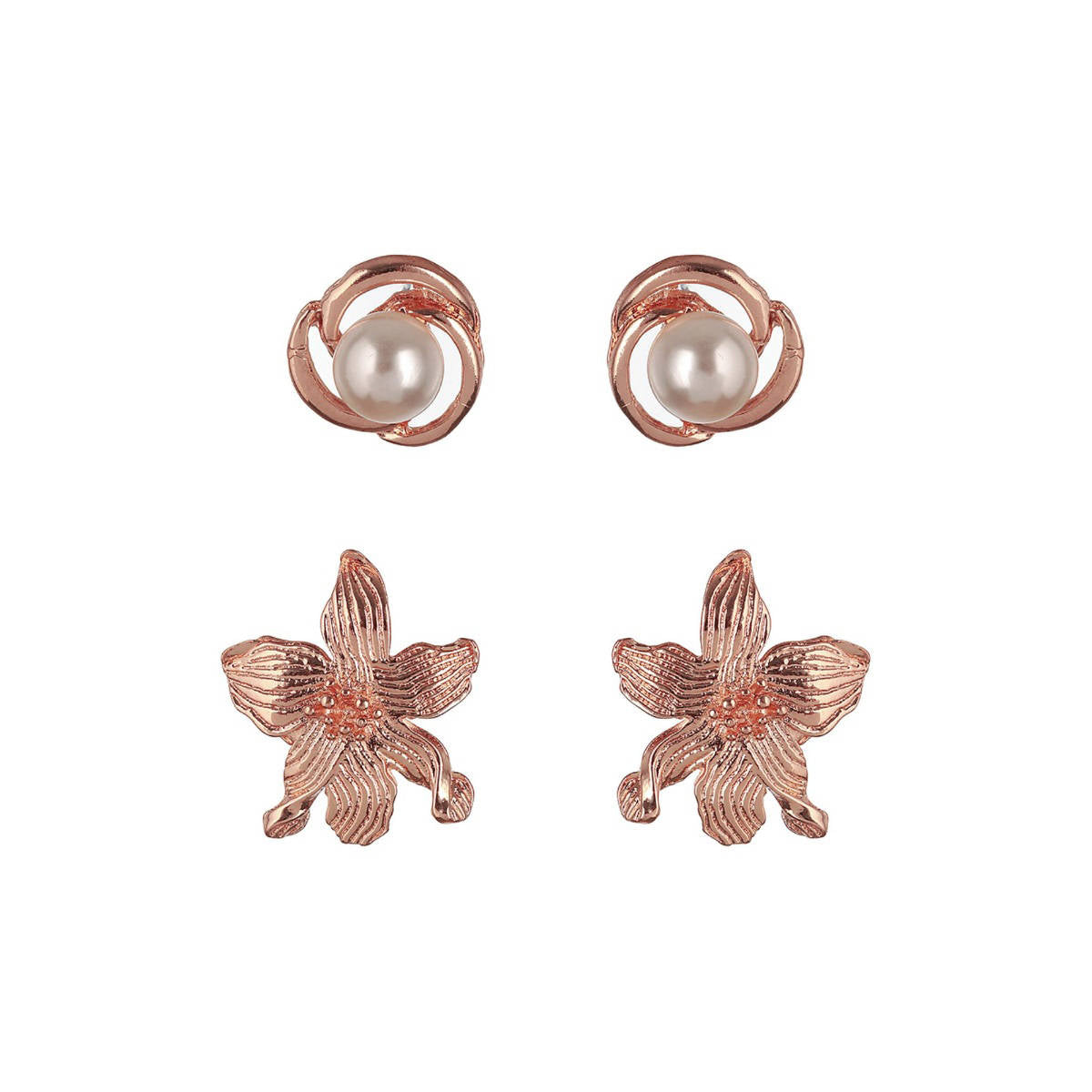 Aatmana Set of 2 Rose Gold Plated and Pearl Floral Stud Earrings
