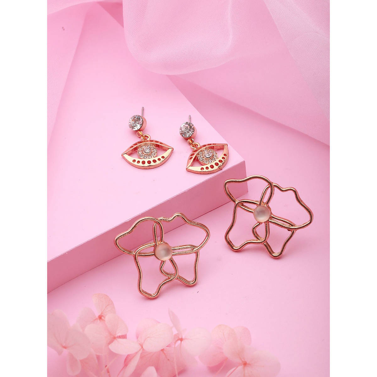 Aatmana Set of 2 Rose Gold Plated Evil Eye and Floral Drop Earrings