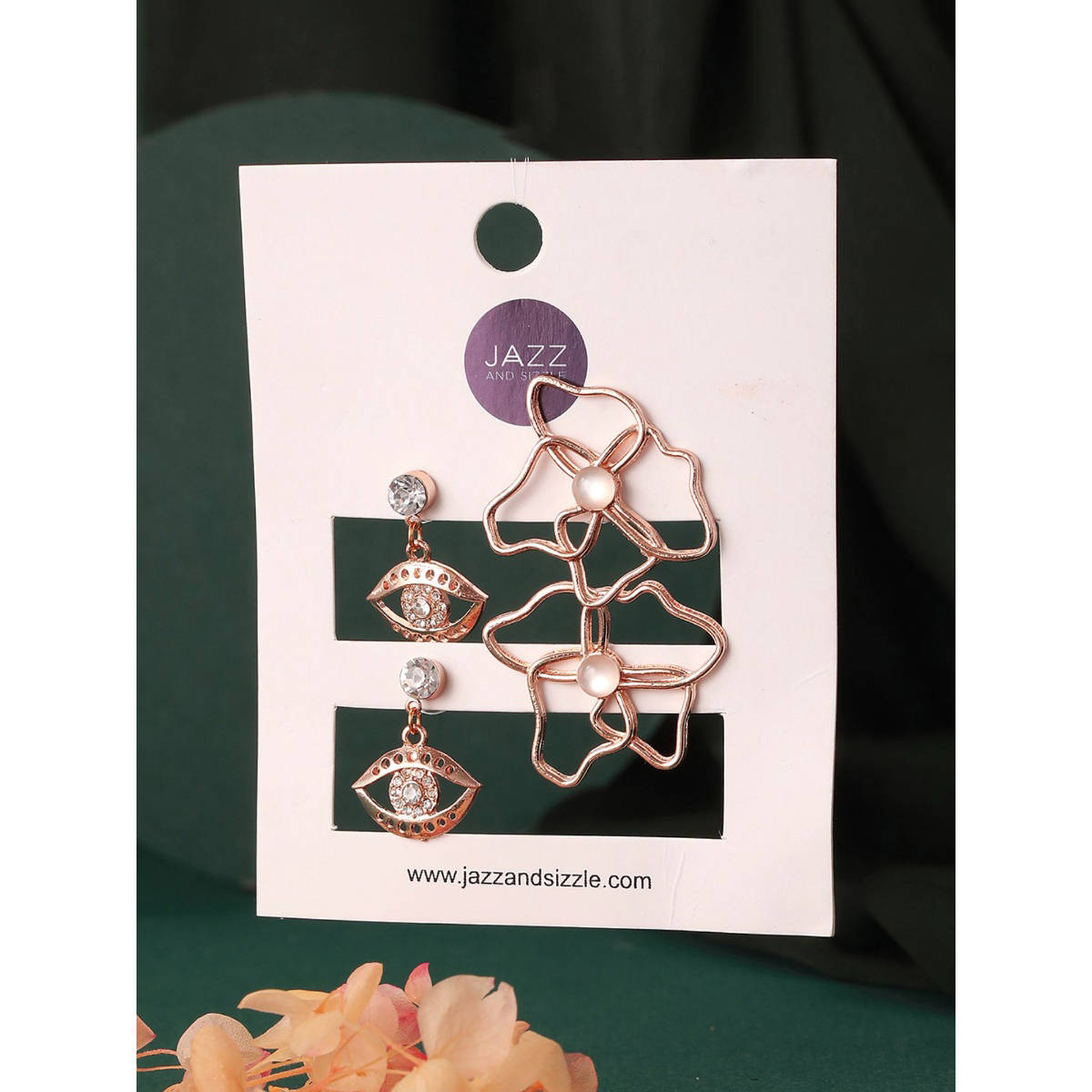 Aatmana Set of 2 Rose Gold Plated Evil Eye and Floral Drop Earrings