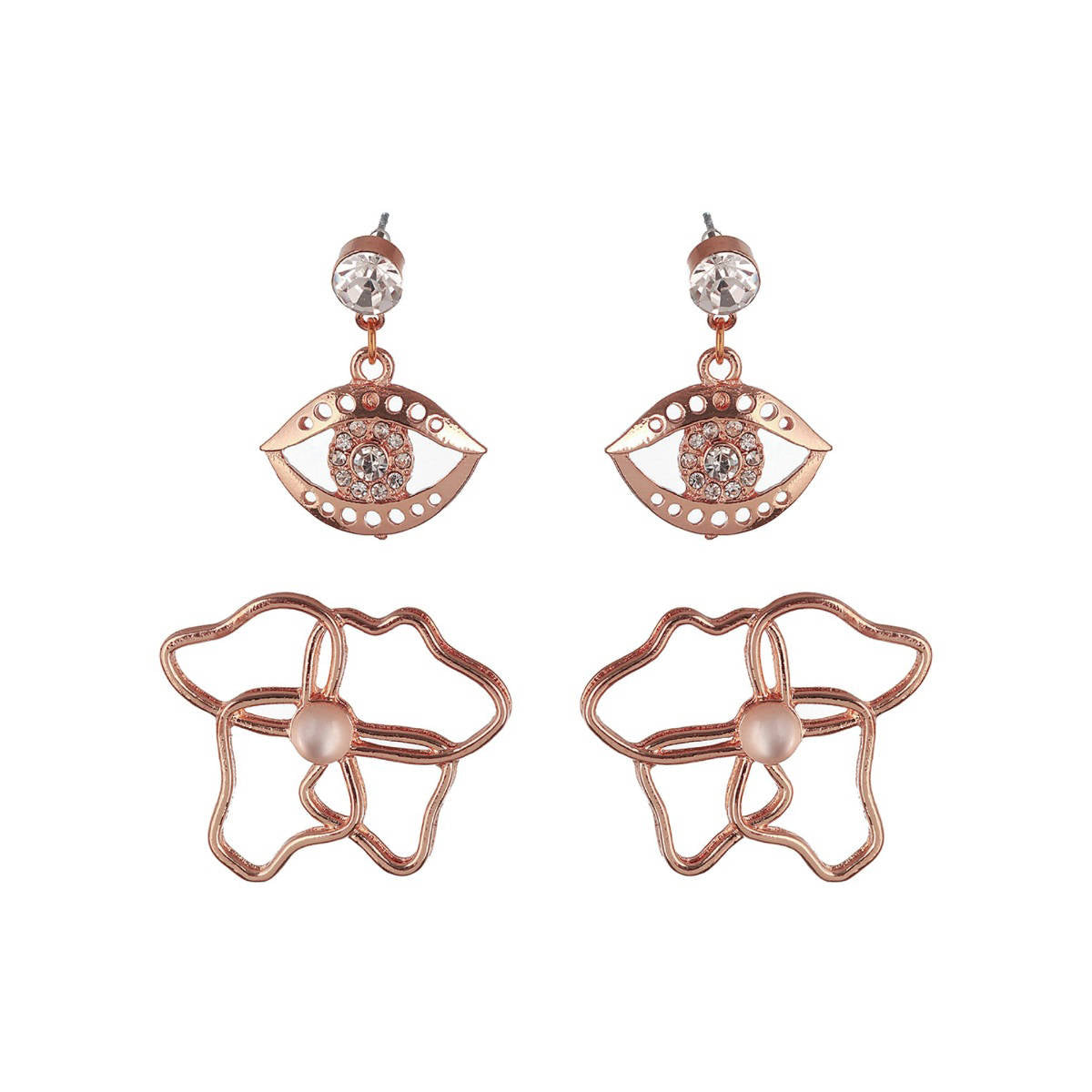 Aatmana Set of 2 Rose Gold Plated Evil Eye and Floral Drop Earrings