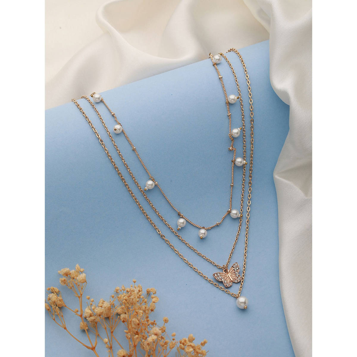 Aatmana Gold-Plated Butterfly and Pearl Hanging Layered Necklace