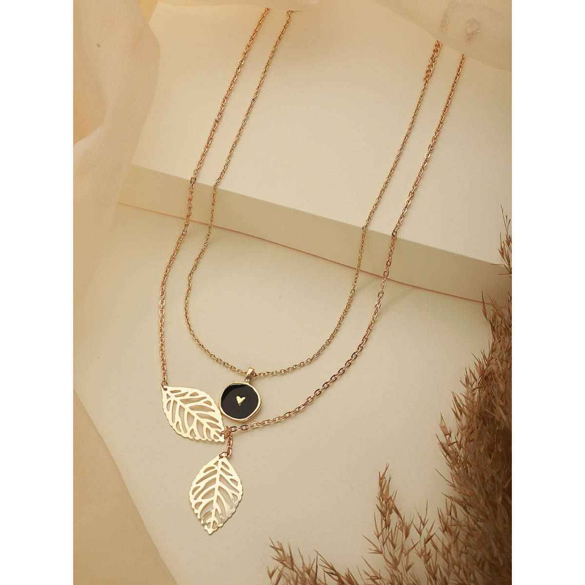 Aatmana Set of 2 Heart Enamelled Pendant and Leaf Charm Necklace
