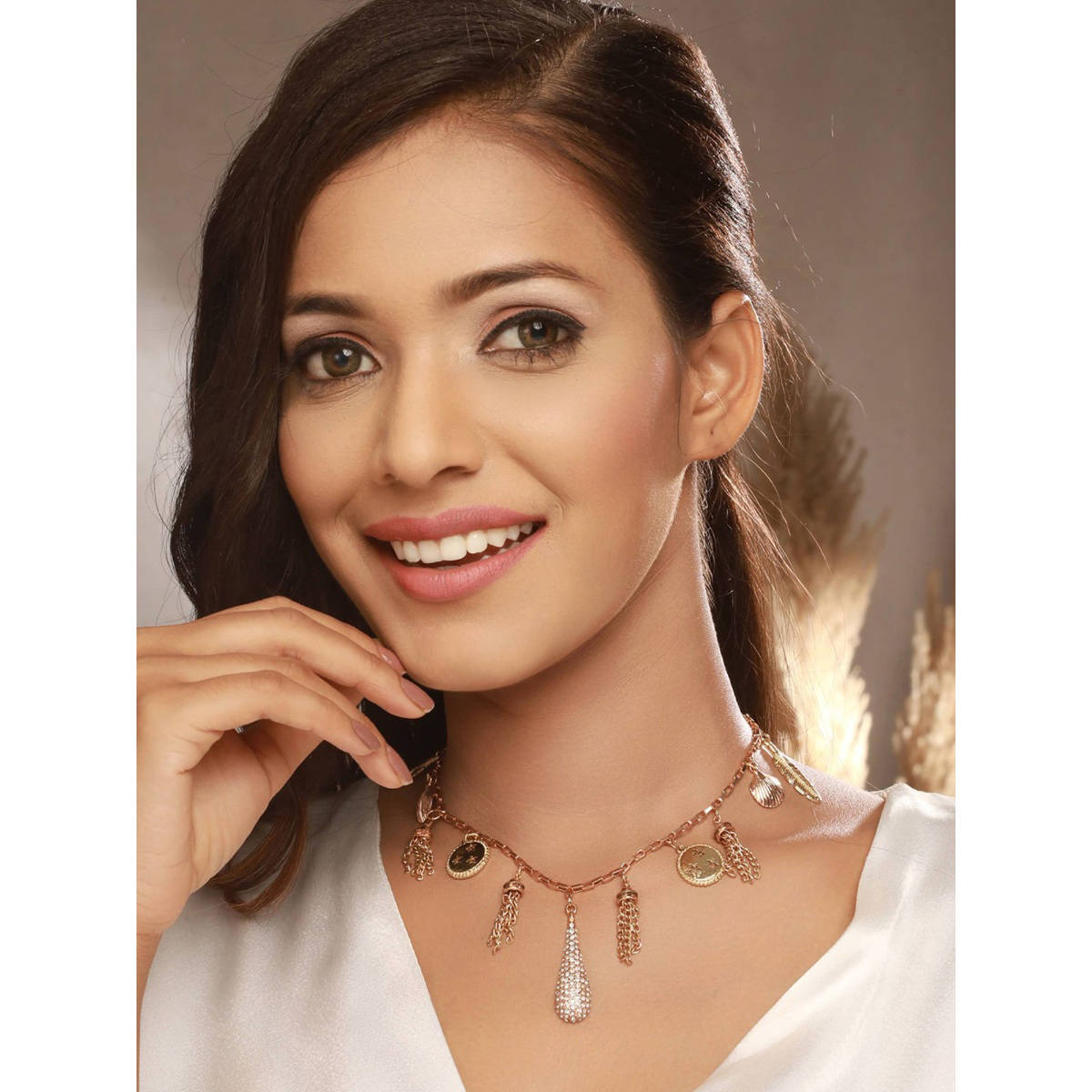 Aatmana Gold-Plated and CZ Studded Leaf Coin Charm Hanging Necklace