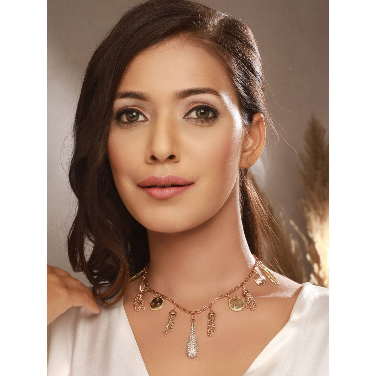 Aatmana Gold-Plated and CZ Studded Leaf Coin Charm Hanging Necklace