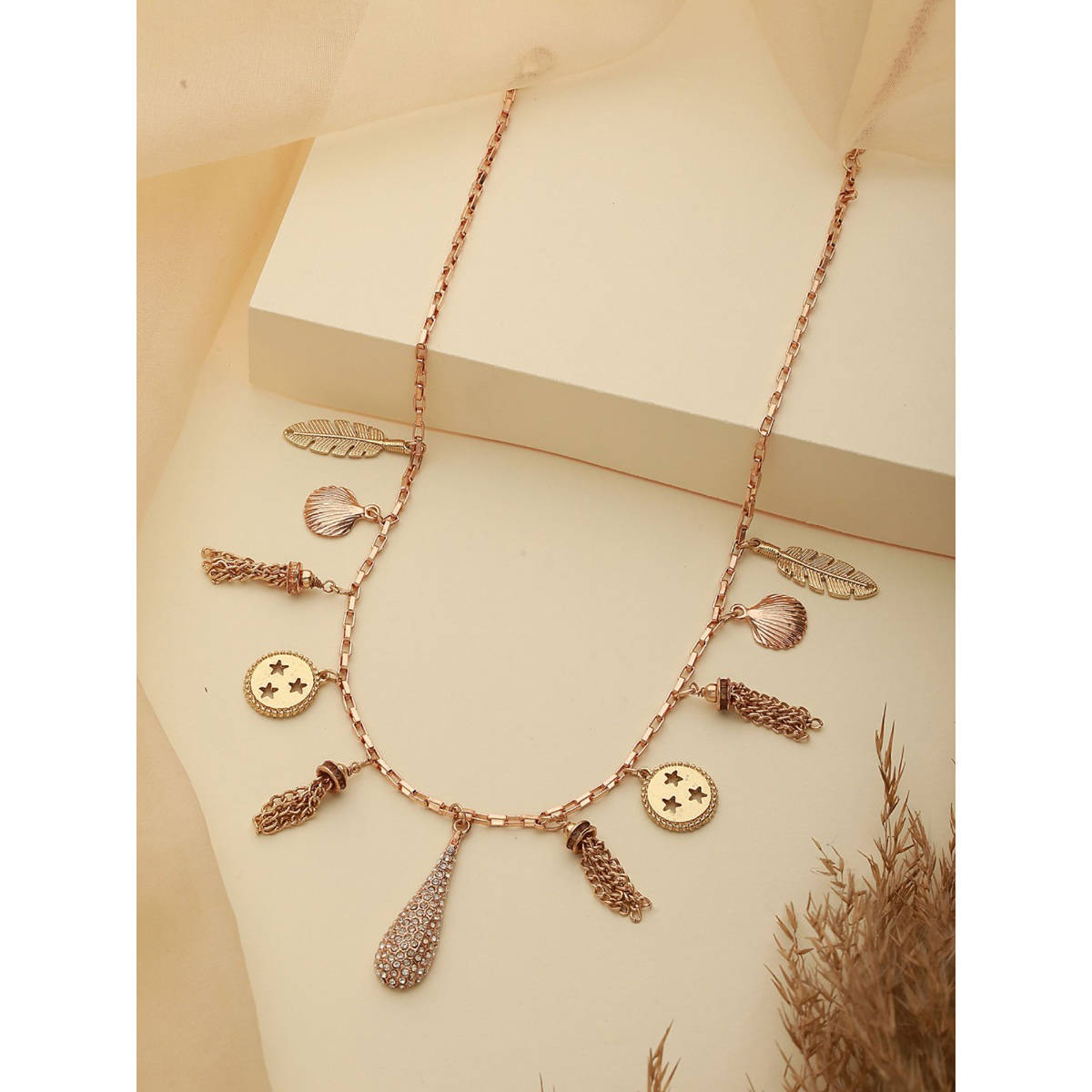 Aatmana Gold-Plated and CZ Studded Leaf Coin Charm Hanging Necklace