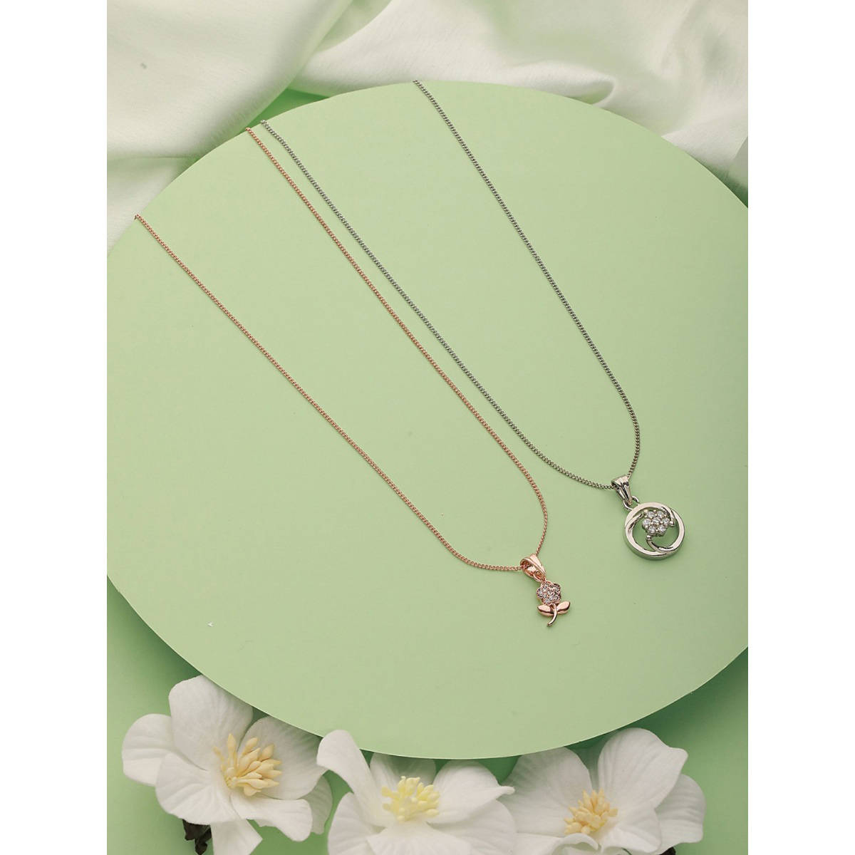 Aatmana Set of 2 Rose gold Plated and Floral Silver Plated Necklace