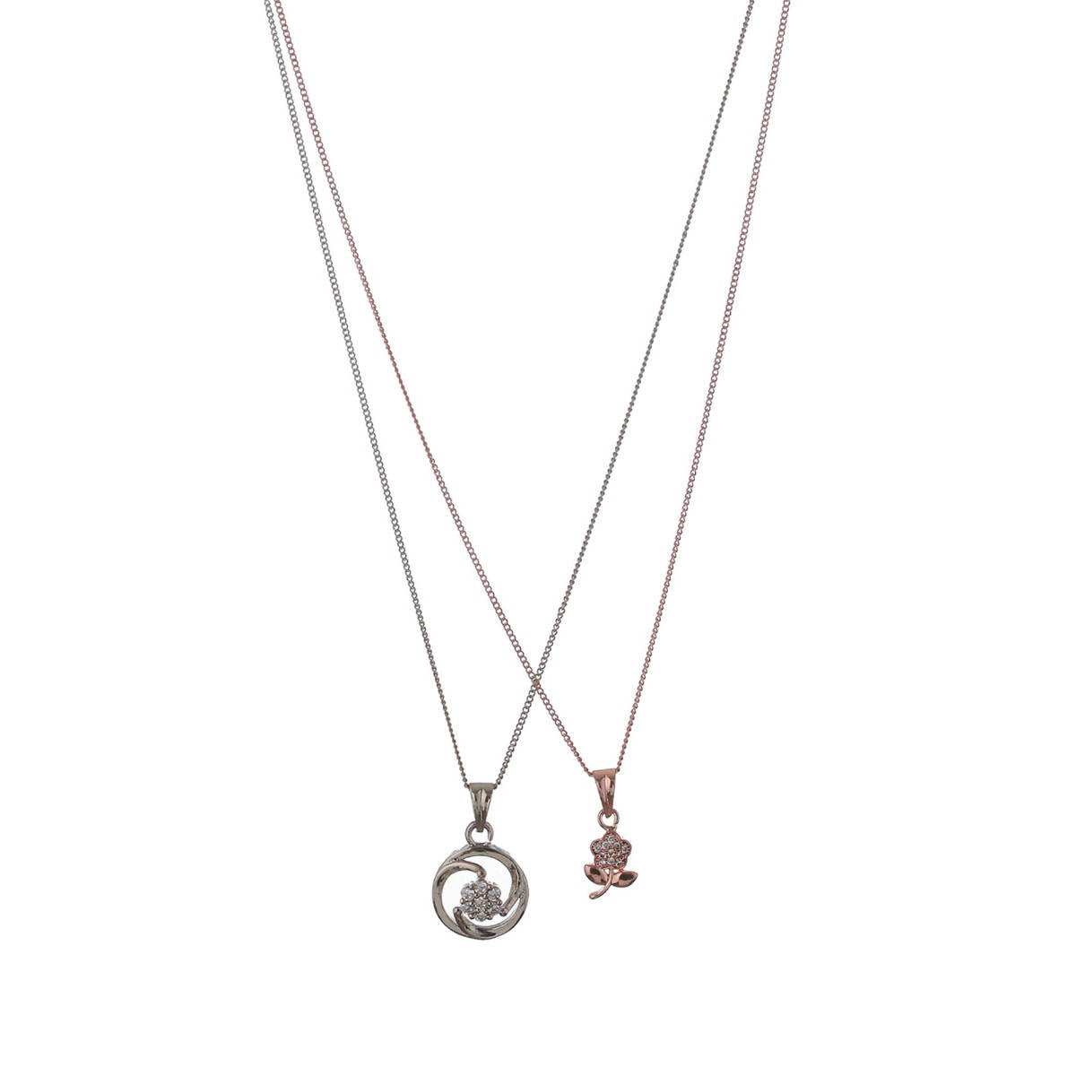Aatmana Set of 2 Rose gold Plated and Floral Silver Plated Necklace
