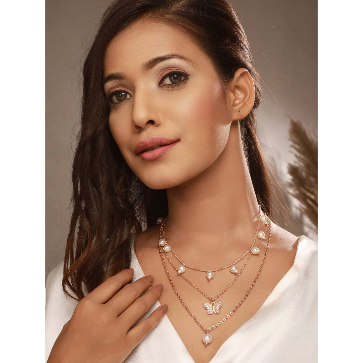 Aatmana Rose Gold-Plated Butterfly and Pearl Hanging Layered Necklace