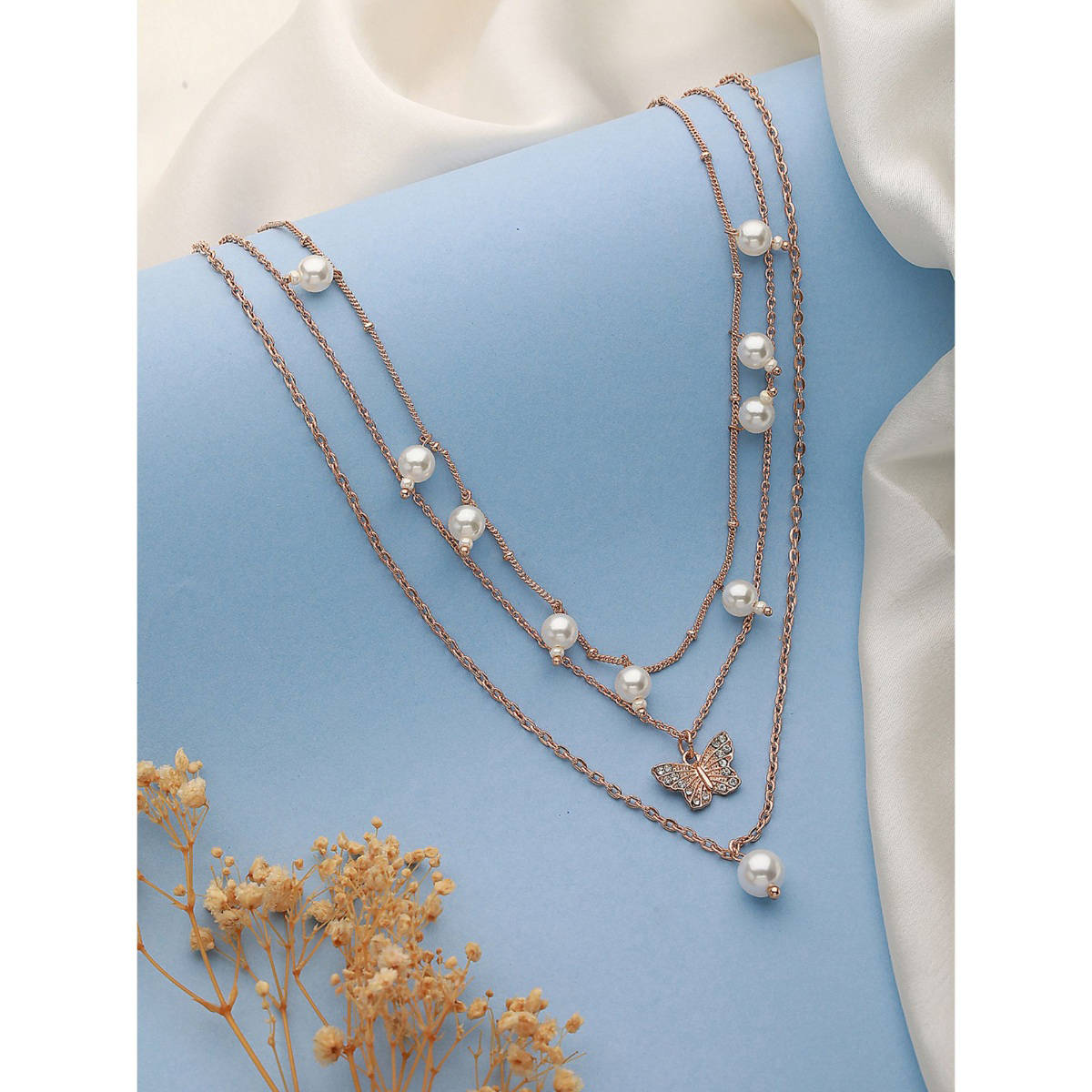 Aatmana Rose Gold-Plated Butterfly and Pearl Hanging Layered Necklace