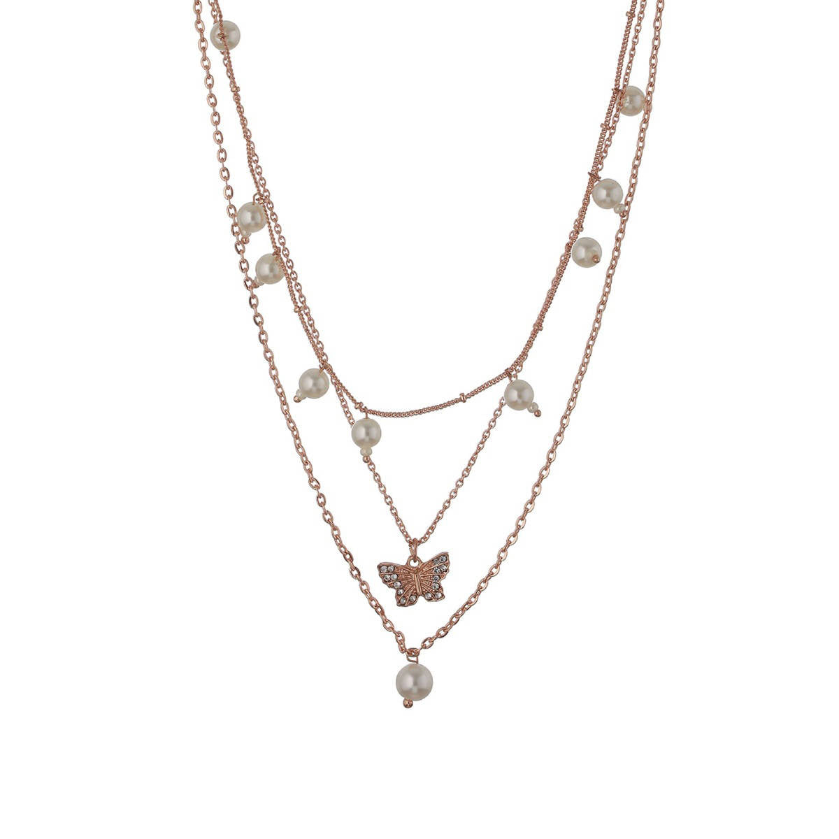 Aatmana Rose Gold-Plated Butterfly and Pearl Hanging Layered Necklace