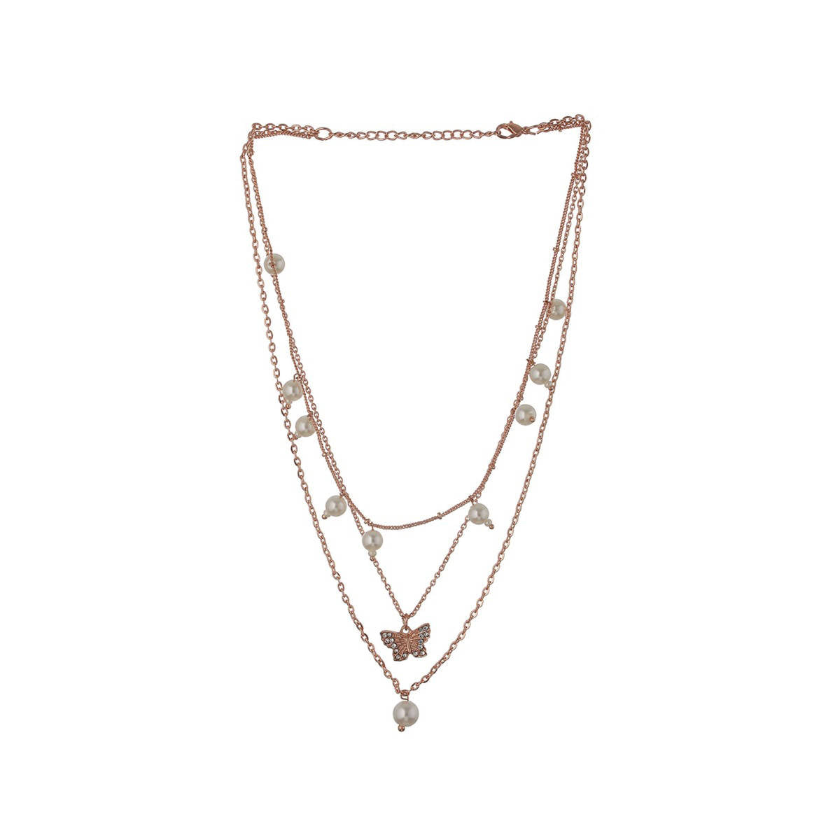 Aatmana Rose Gold-Plated Butterfly and Pearl Hanging Layered Necklace