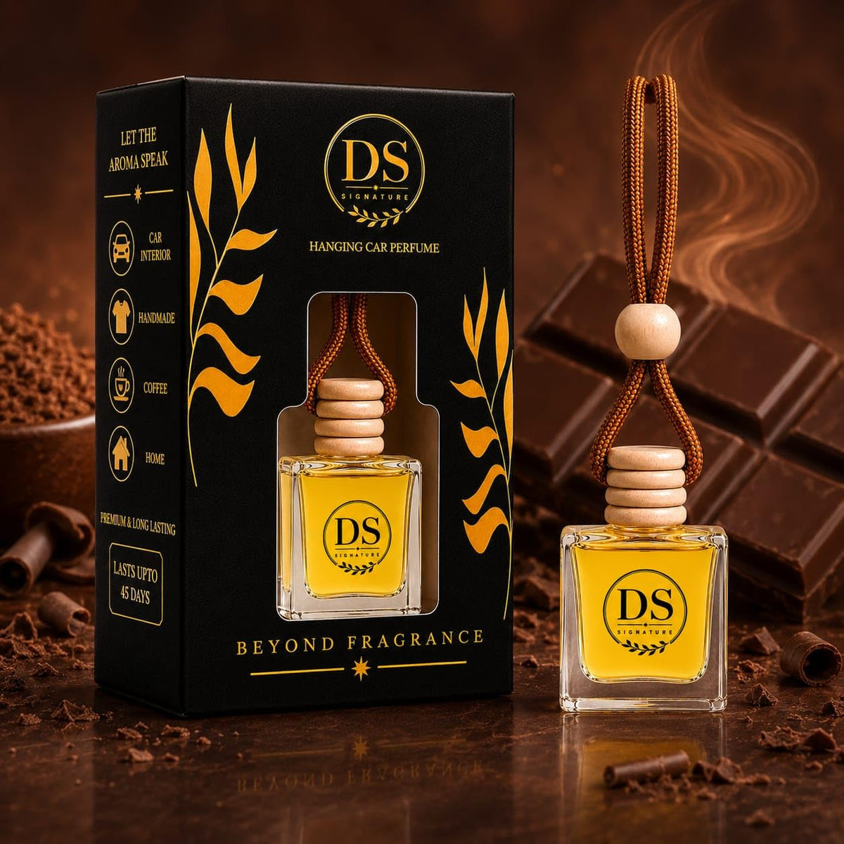 Premium Hanging Car Air Freshener Diffuser | Long Lasting Wooden Cap Glass Bottle Perfume for Car, Home & Office (Choco Musk)