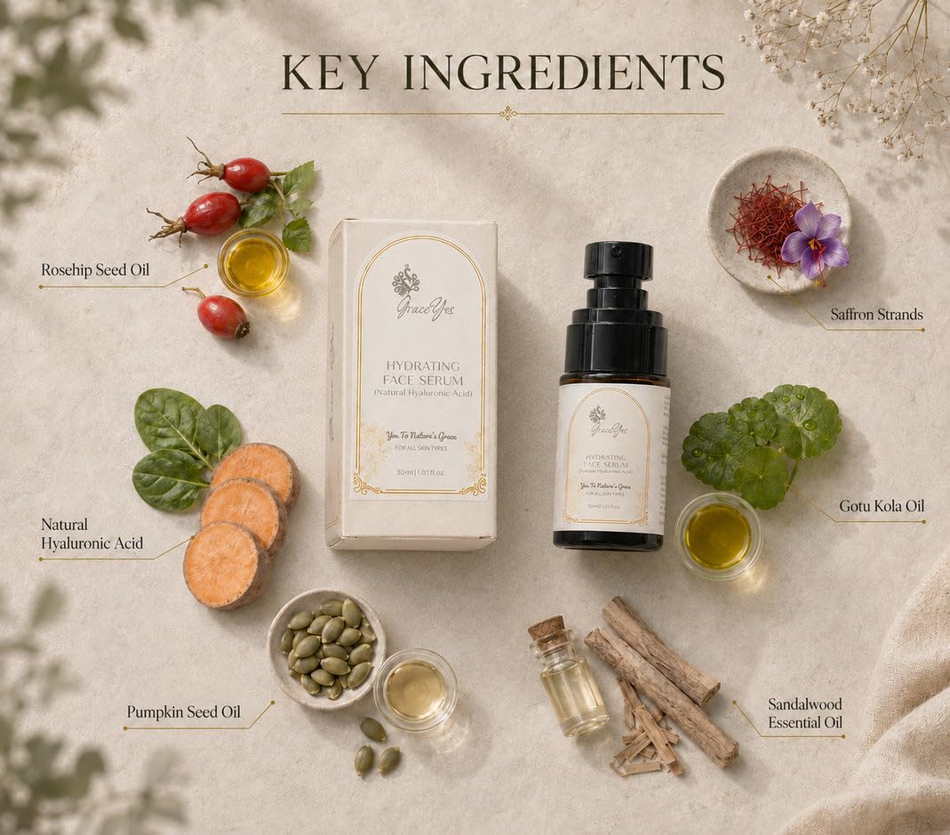 Hydrating Face Serum with Hyaluronic Acid, Rosehip & Saffron | For Dry, Dehydrated Skin, Plump & Dewy Look | Paraben & Silicone Free | 30 ml