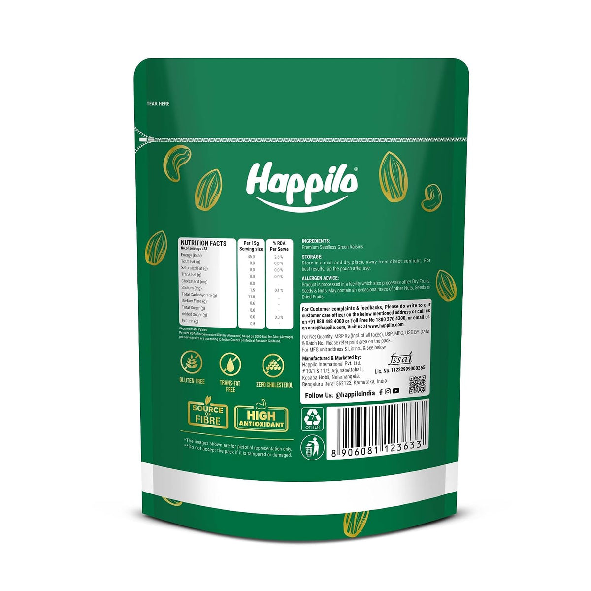 Happilo Premium Seedless Green Raisins 500g | Quality Kishmish/Kismis | Dry Fruits, Healthy Snacks | Rich in Iron & Vitamin B | Antioxidant Rich | Healthy Dry F